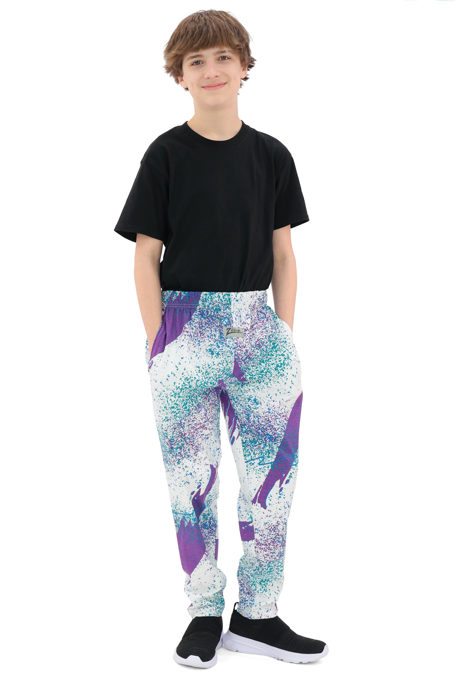 Zubaz Youth Unisex Z88 Confetti Pant, PURPLE/FLUORESCENT BLUE