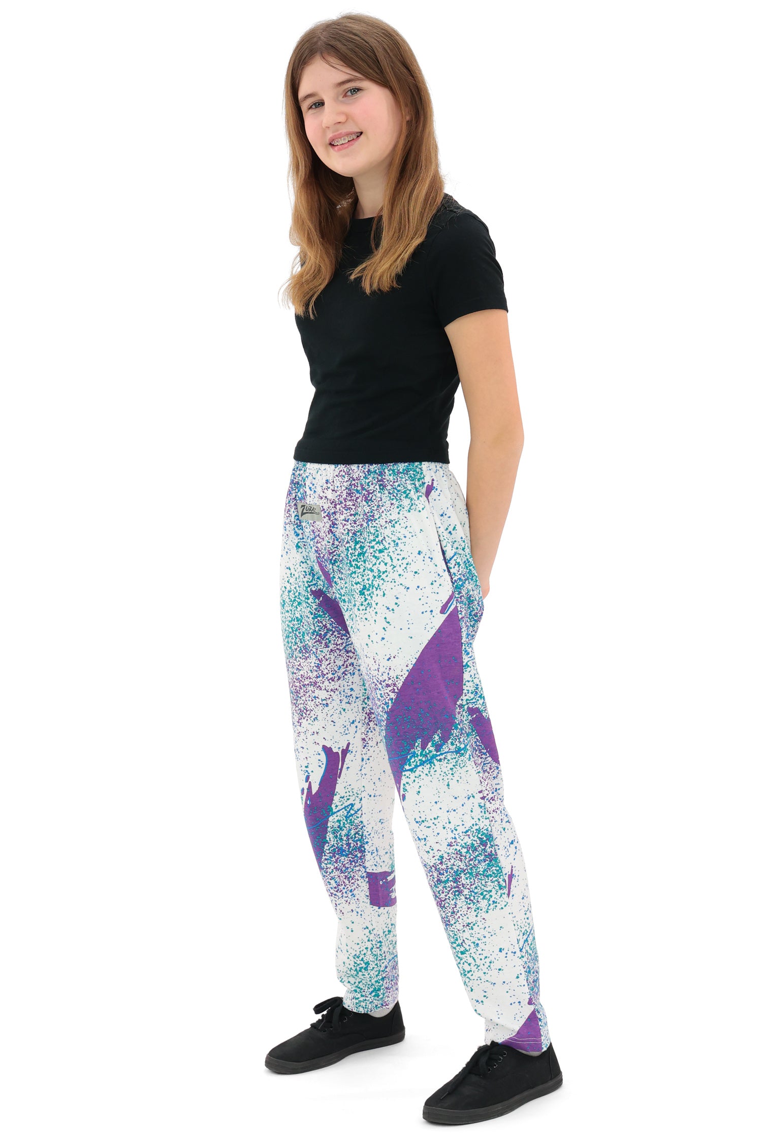 Zubaz Youth Unisex Z88 Confetti Pant, PURPLE/FLUORESCENT BLUE