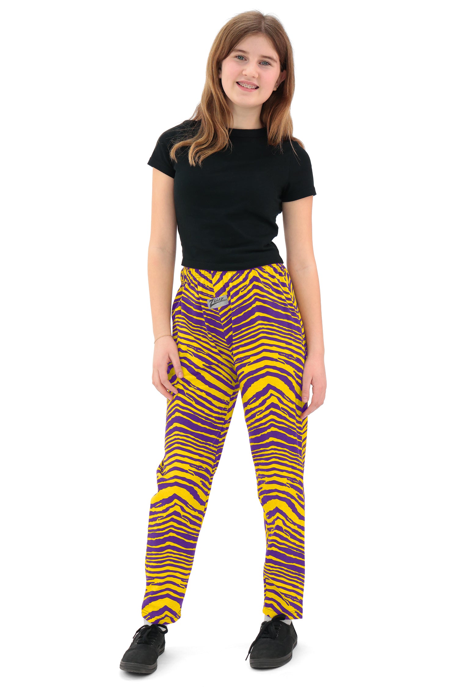 Zubaz Youth Unisex Z88 2 Color Zebra Pants, Purple/Yellow