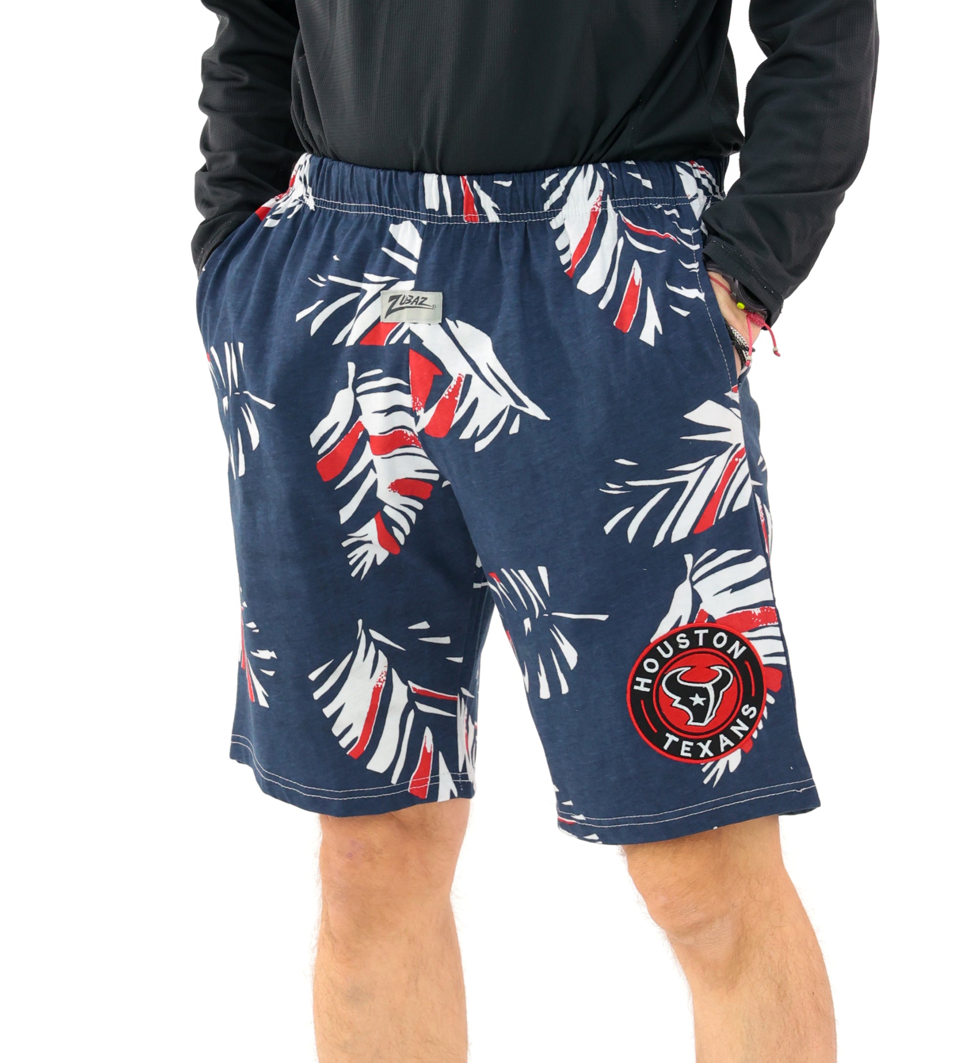 Zubaz NFL Adult Unisex Z88 Embroidered Leaf 3 Team Color Shorts, Houston Texans
