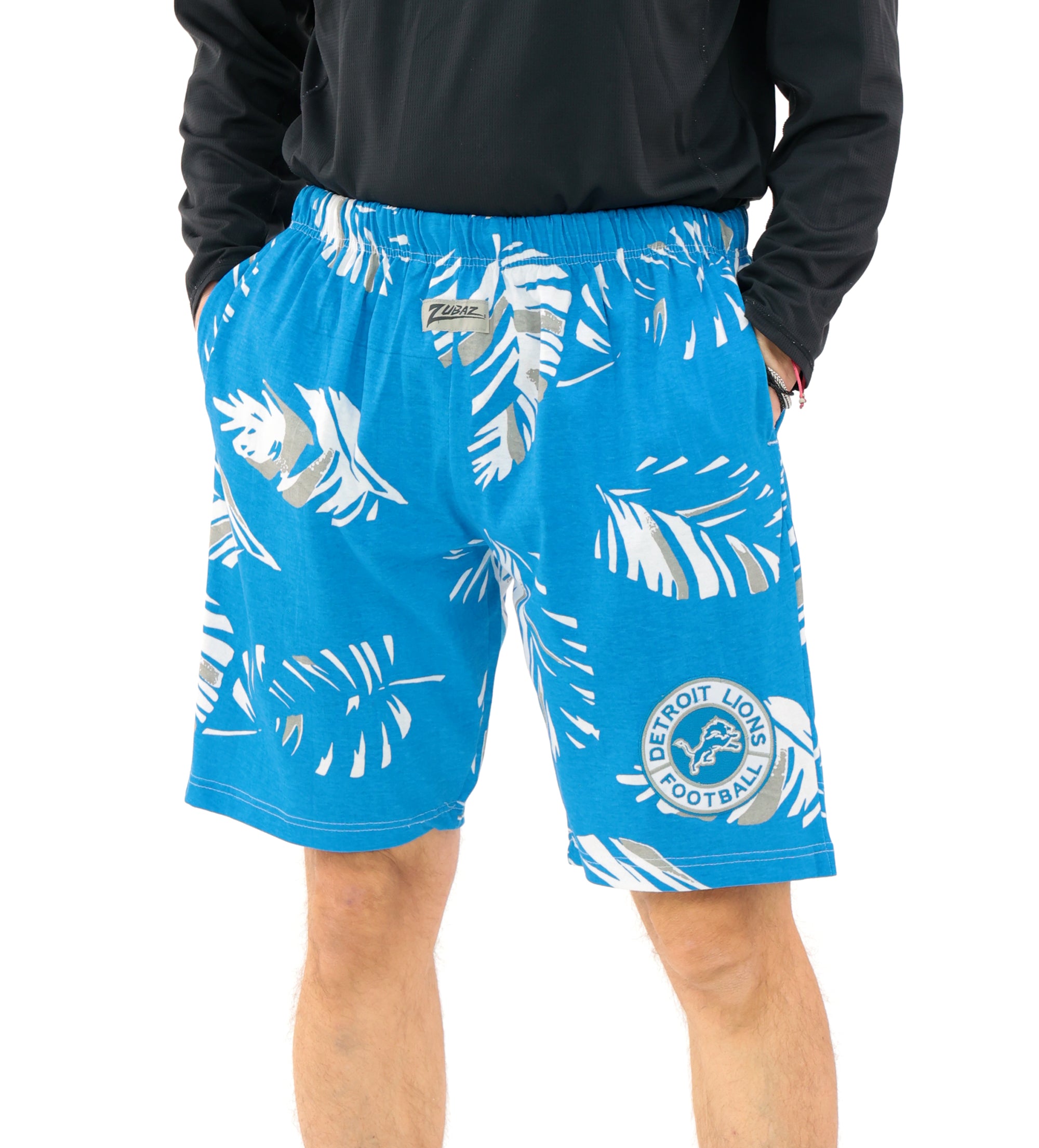 Zubaz NFL Adult Unisex Z88 Embroidered Leaf 3 Team Color Shorts, Detroit Lions