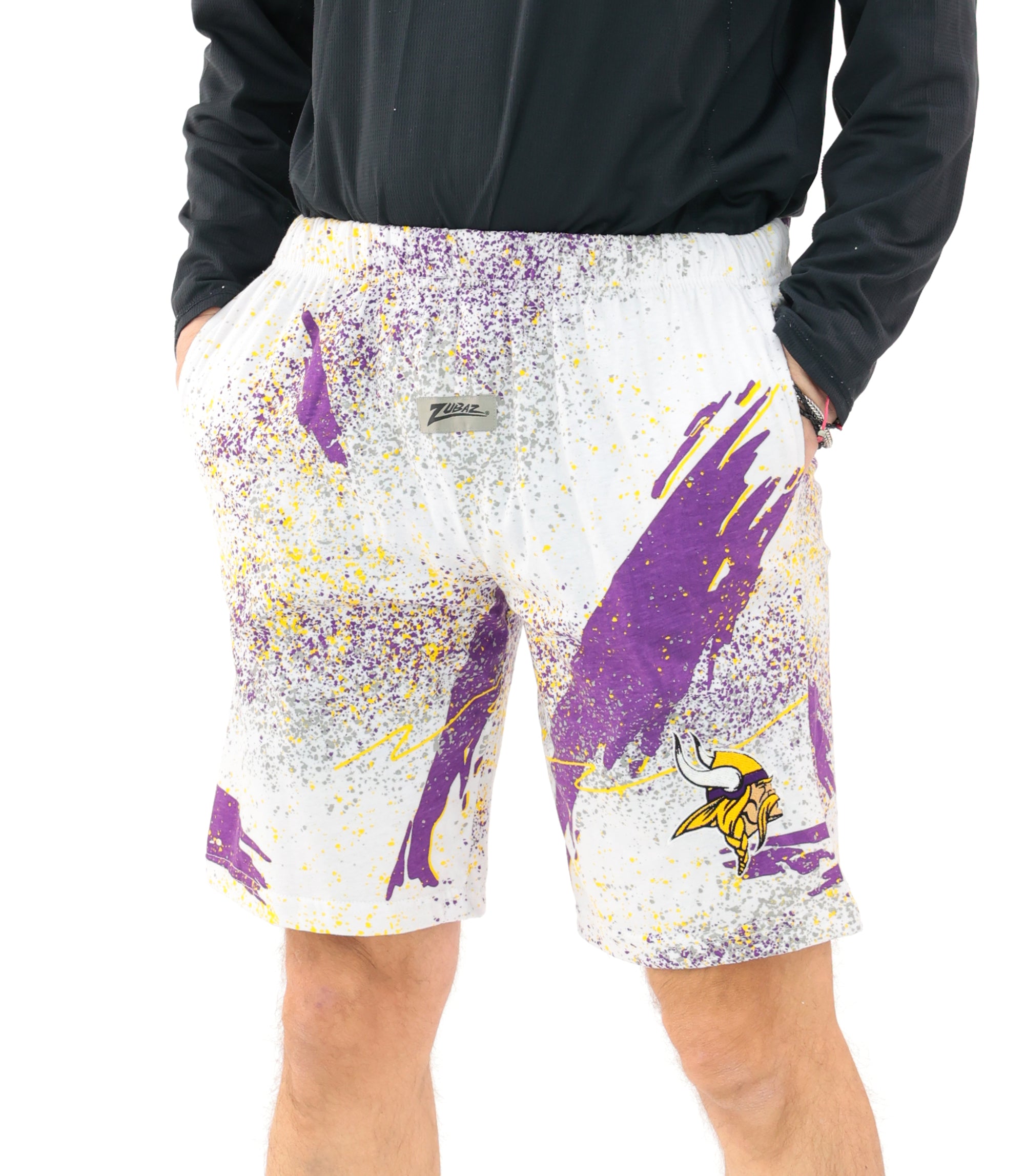 Zubaz NFL Adult Unisex Z88 Embroidered Confetti 3 Team Color Shorts, Minnesota Vikings