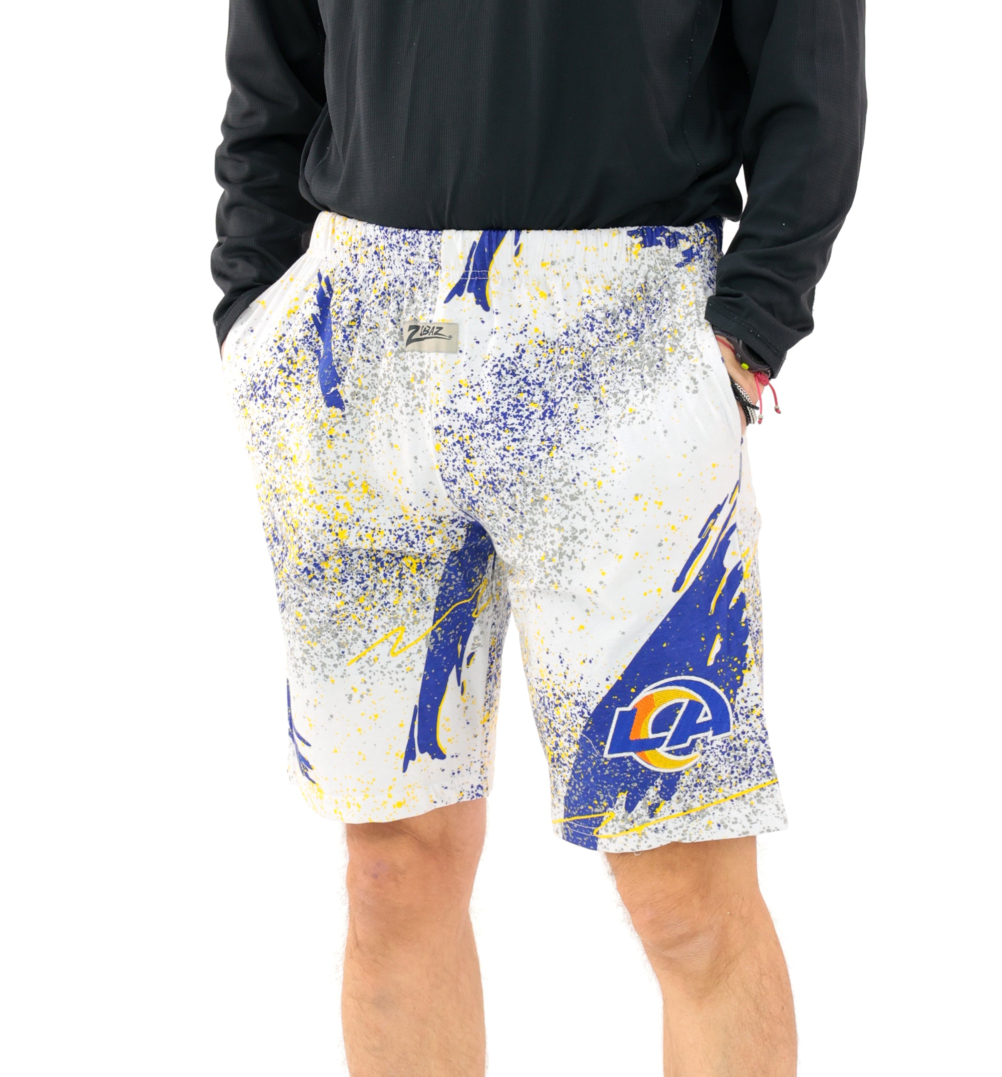 Zubaz NFL Adult Unisex Z88 Embroidered Confetti 3 Team Color Shorts, Los Angeles Rams