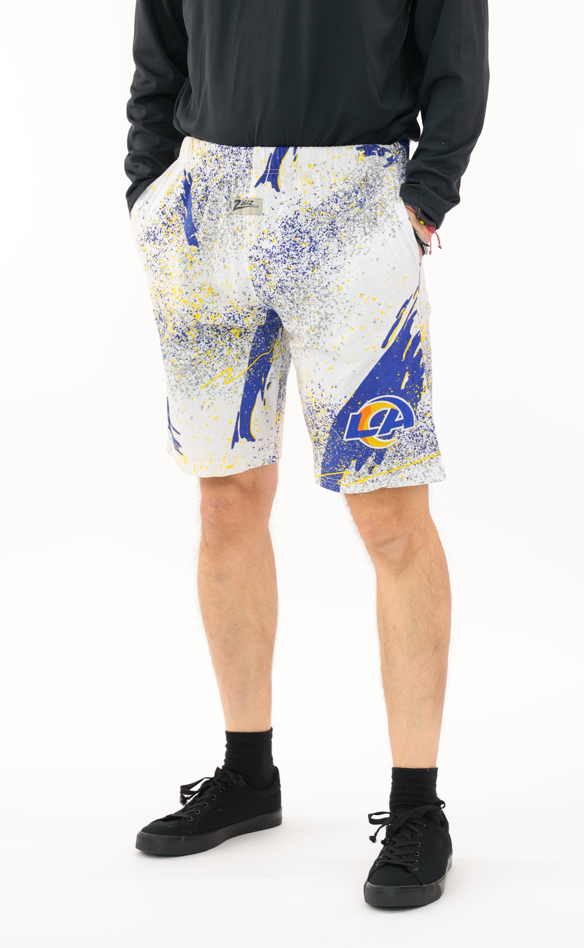 Zubaz NFL Adult Unisex Z88 Embroidered Confetti 3 Team Color Shorts, Los Angeles Rams
