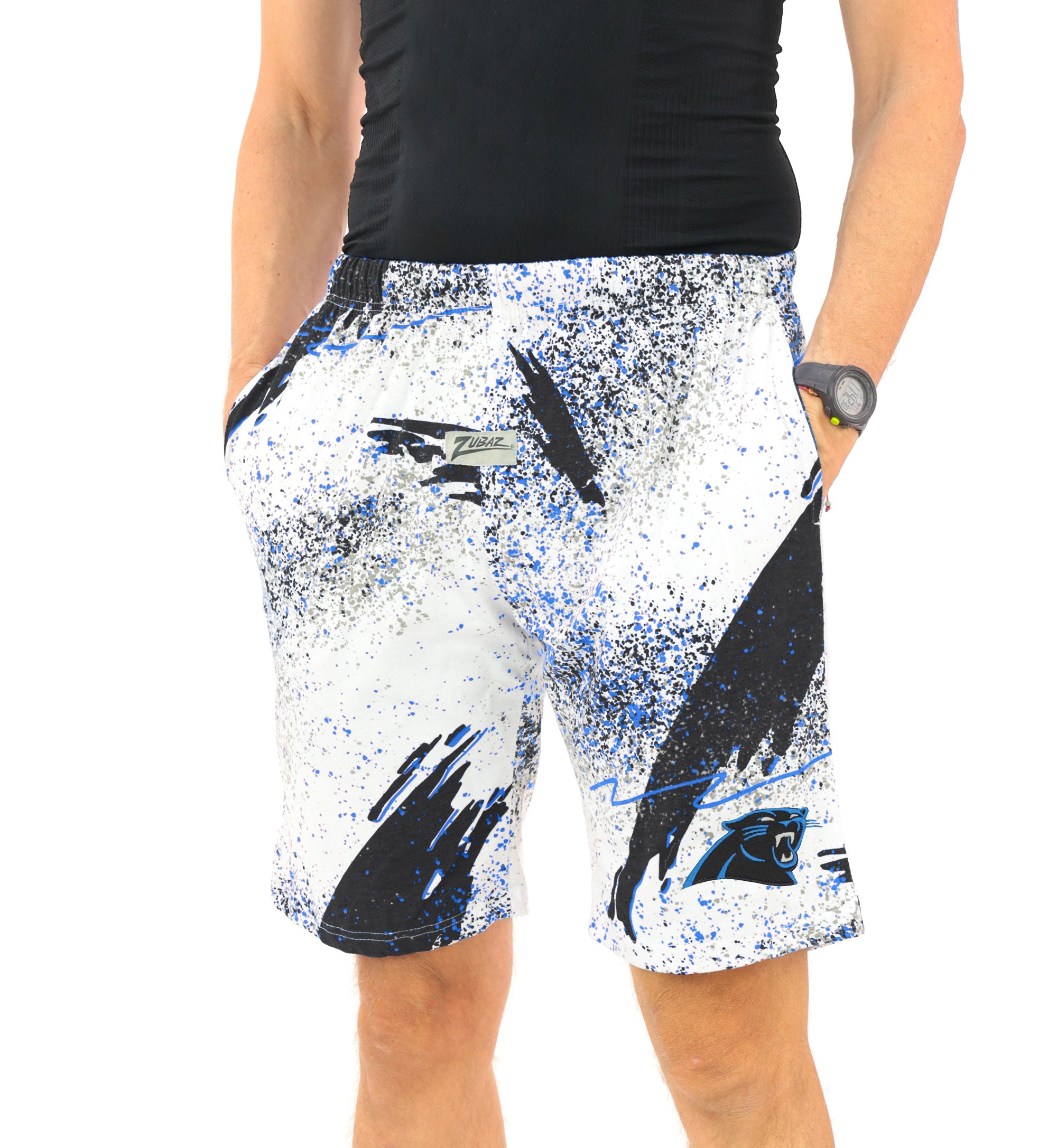 Zubaz NFL Adult Unisex Z88 Embroidered Confetti 3 Team Color Shorts, Carolina Pantshers