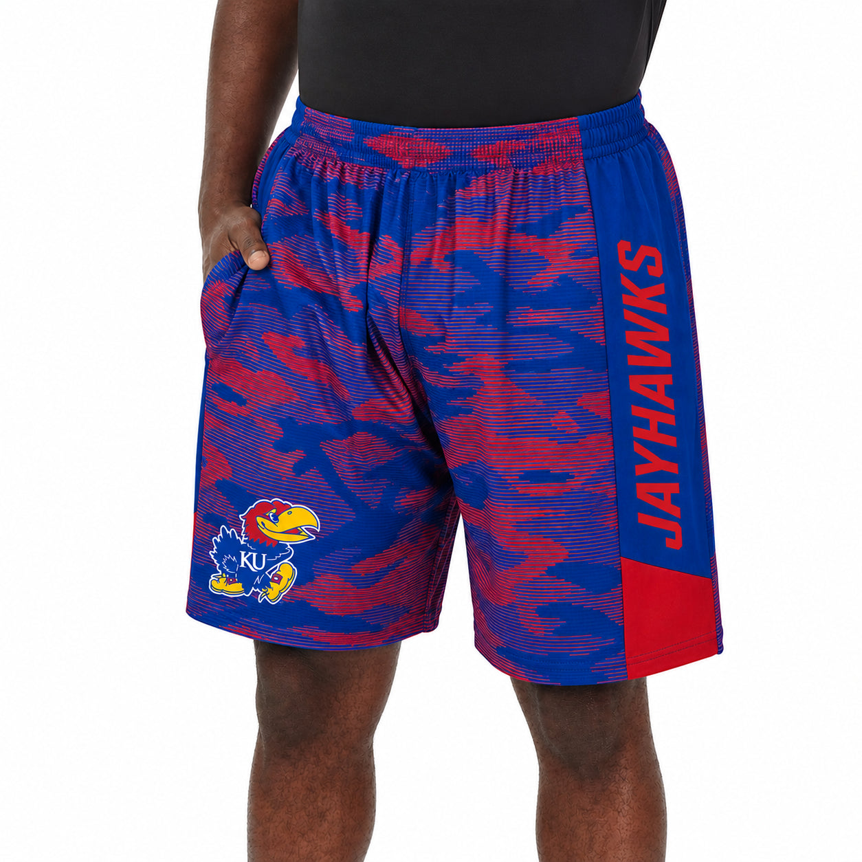 Zubaz NCAA Men's 9inch Primary Camo Line Shorts, Kansas Jayhawks