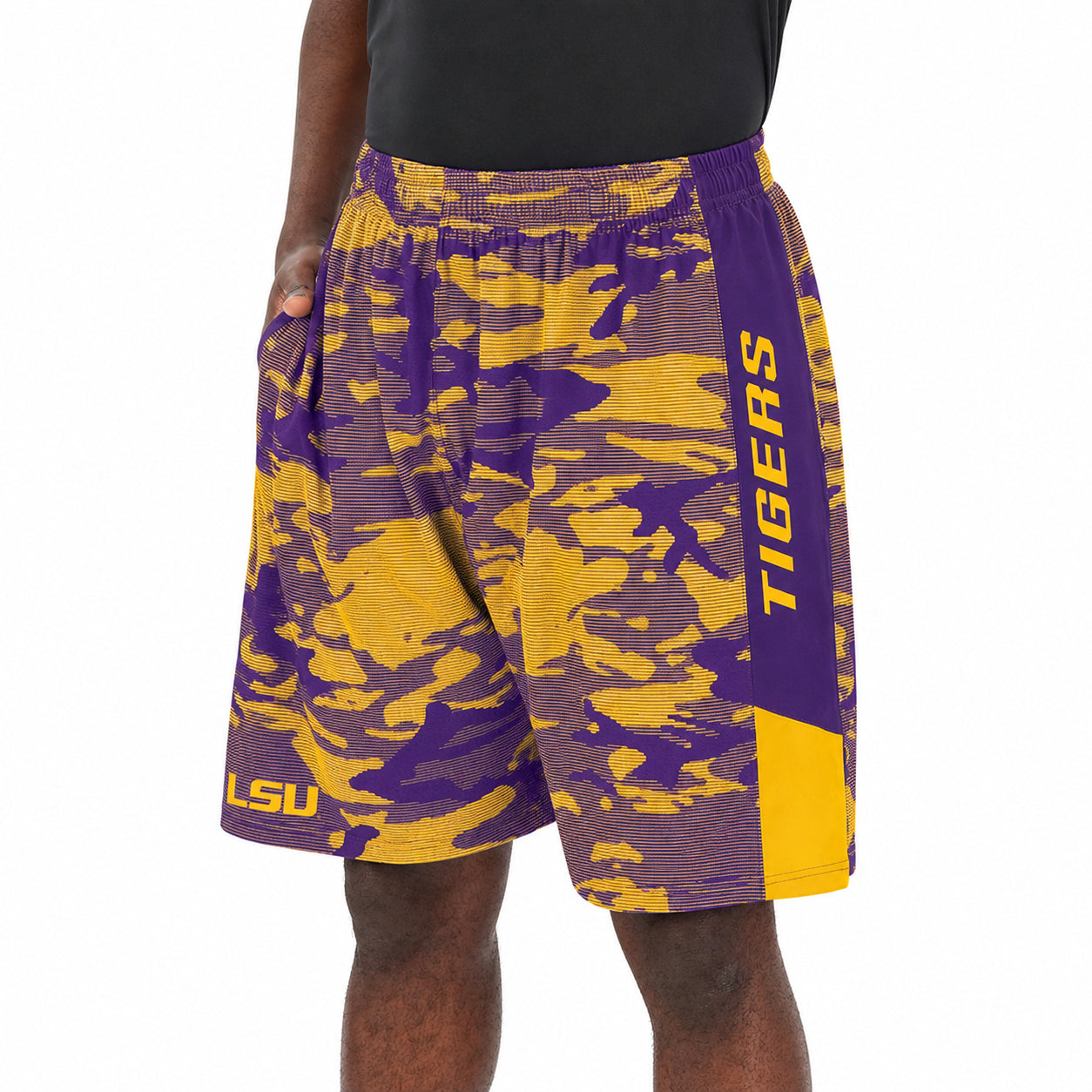Zubaz NCAA Men's 9inch Primary Camo Line Shorts, LSU Tigers