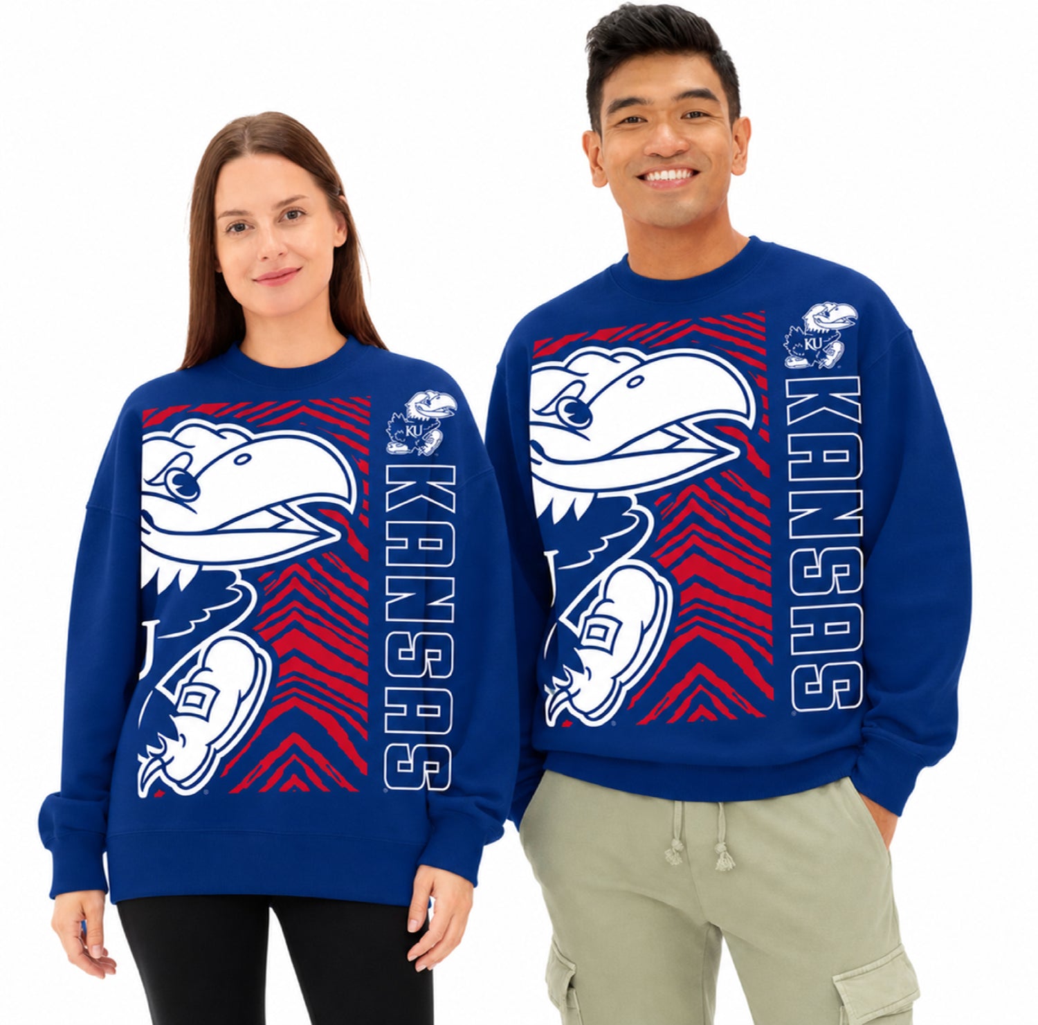 Zubaz NCAA Kansas Jayhawks Unisex 2 Color Zebra 90s Vintage MVP Crewneck Sweatshirt