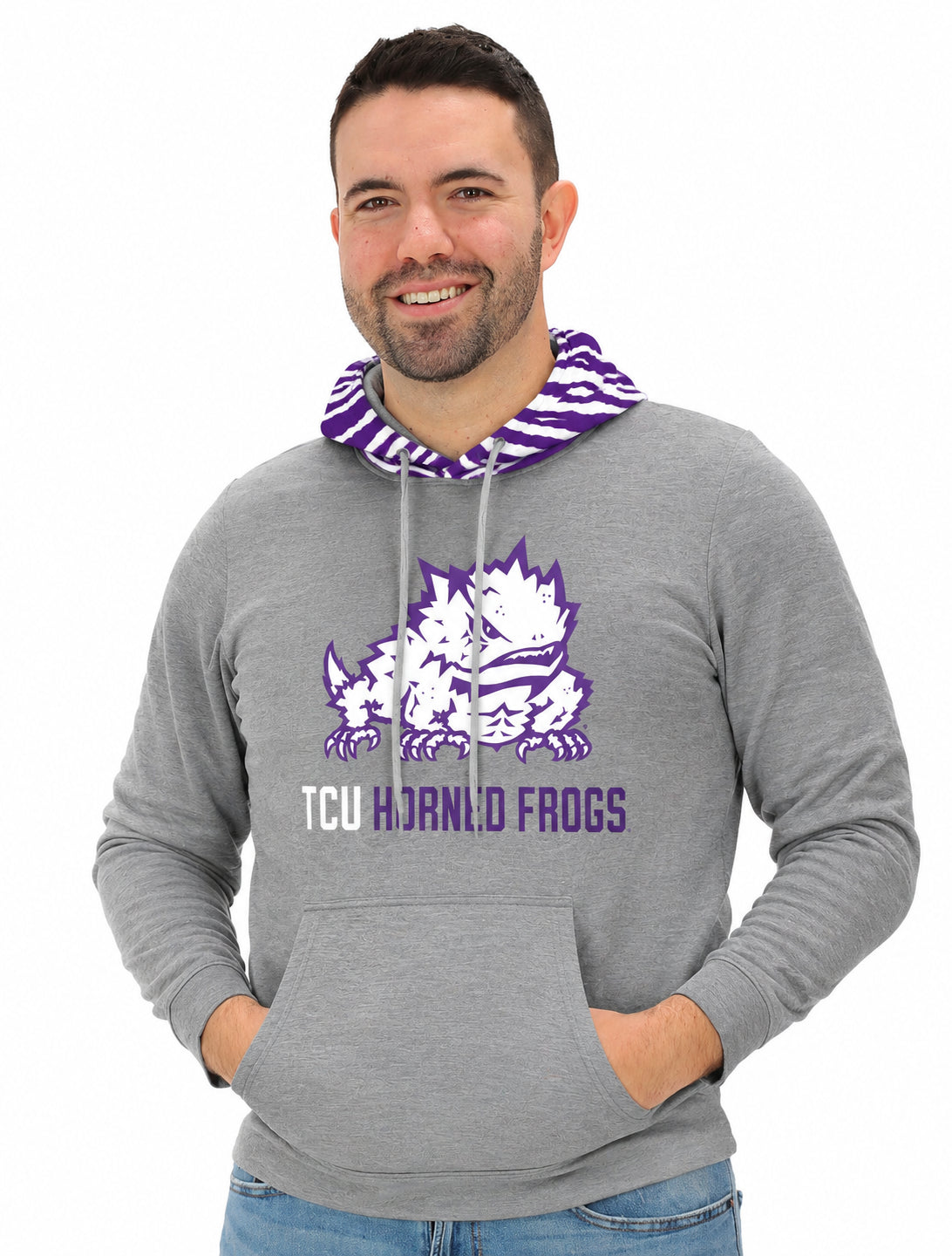 Zubaz NCAA TCU Horned Frogs Men's Gray 3 Color Zebra Hood Hoodie