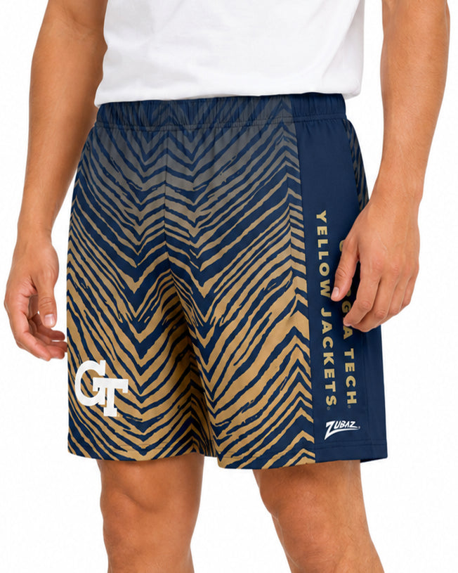 Zubaz NCAA Men's 7in Fade Primary Stacked Text Short, Georgia Tech Yellow Jackets
