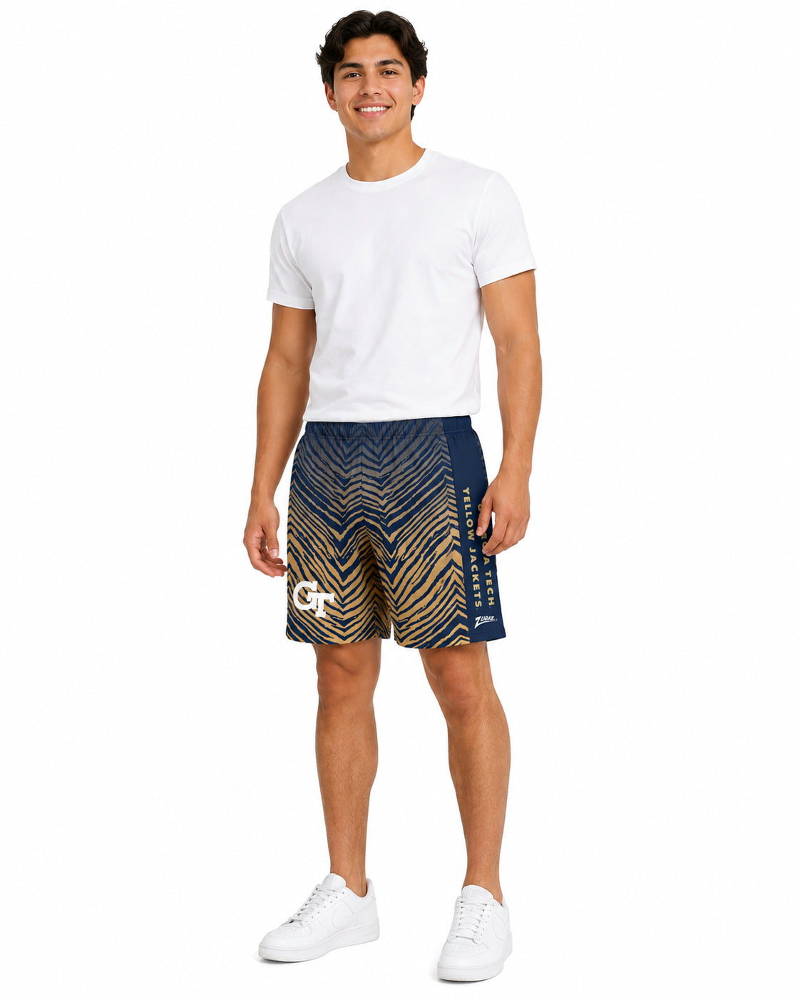 Zubaz NCAA Men's 7in Fade Primary Stacked Text Short, Georgia Tech Yellow Jackets