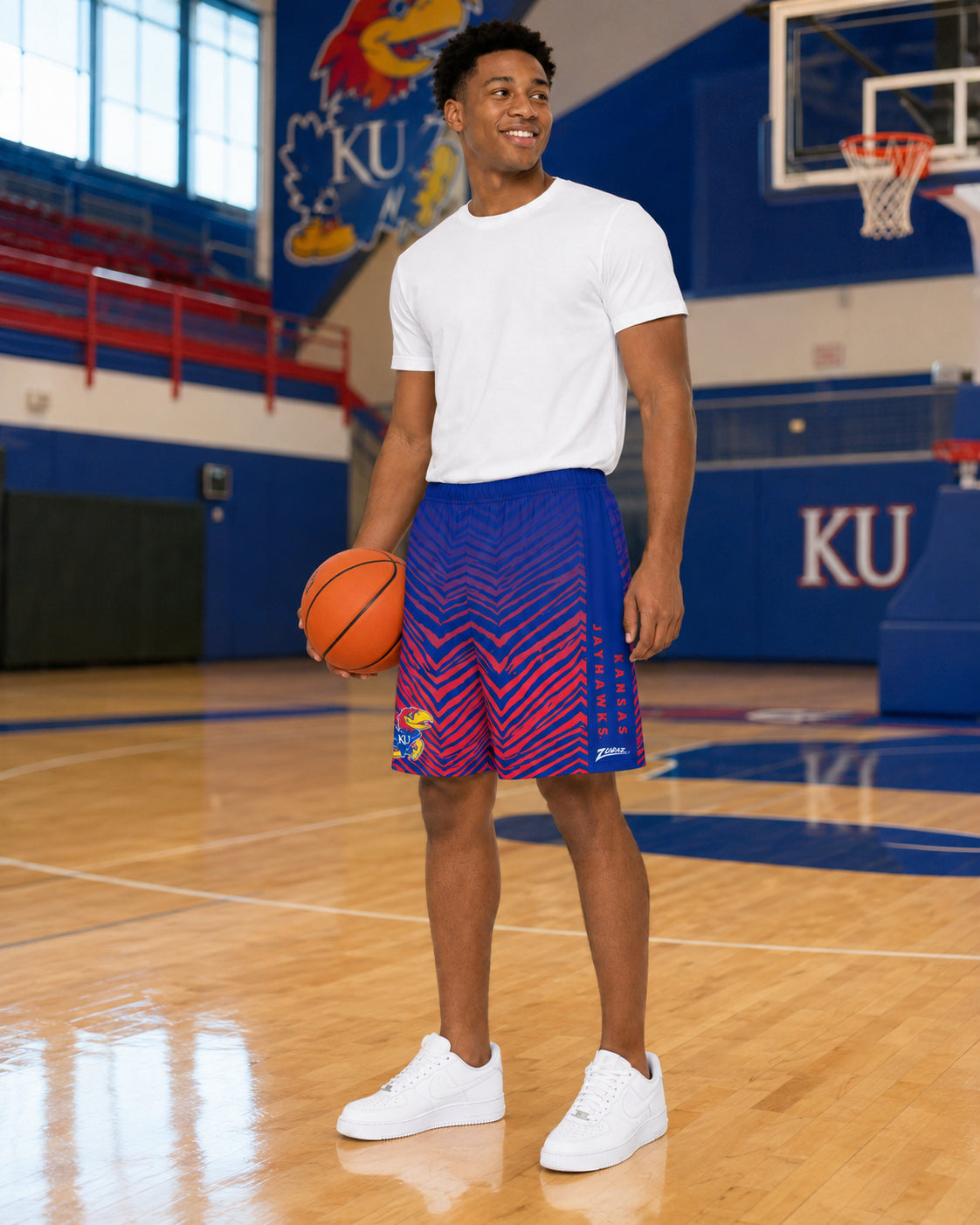 Zubaz NCAA Kansas Jayhawks Men's 7-Inch Fade Primary Stacked Text Shorts