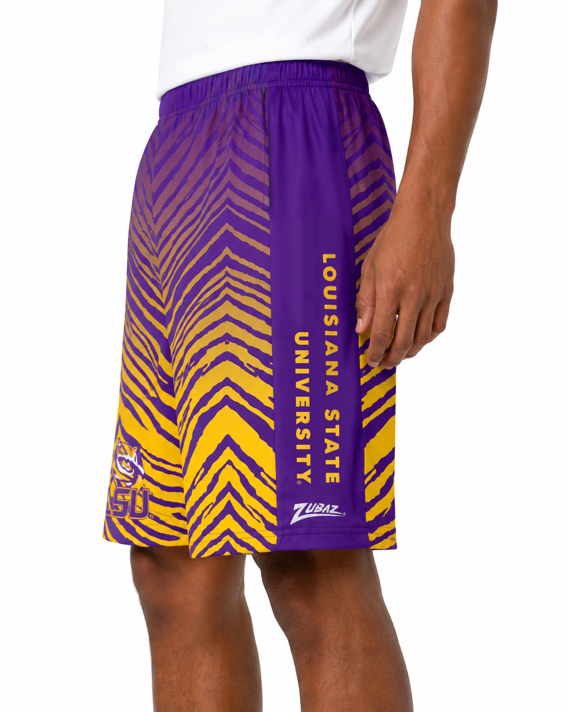 Zubaz NCAA Men's 7in Fade Primary Stacked Text Short, LSU Tigers