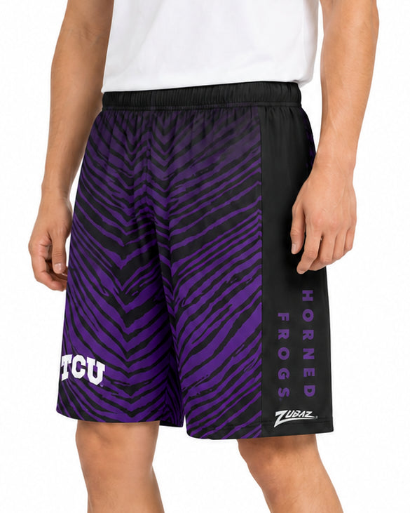 Zubaz NCAA Men's 7in Fade Primary Stacked Text Short, TCU Horned Frogs