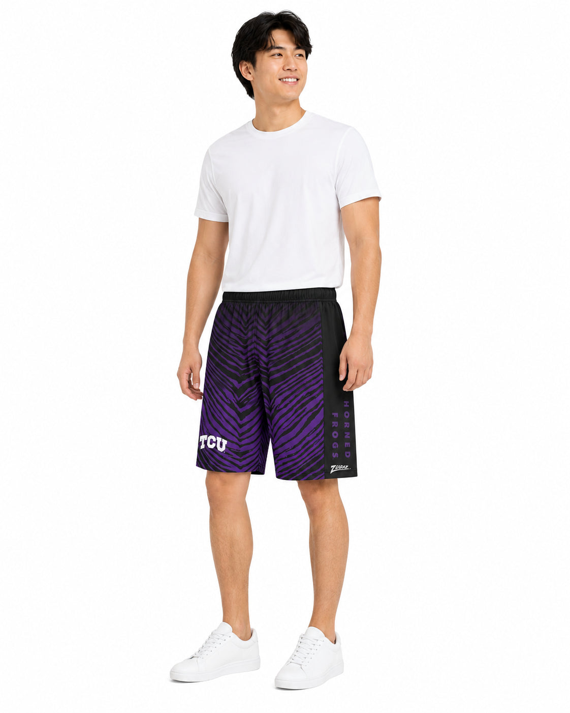 Zubaz NCAA Men's 7in Fade Primary Stacked Text Short, TCU Horned Frogs