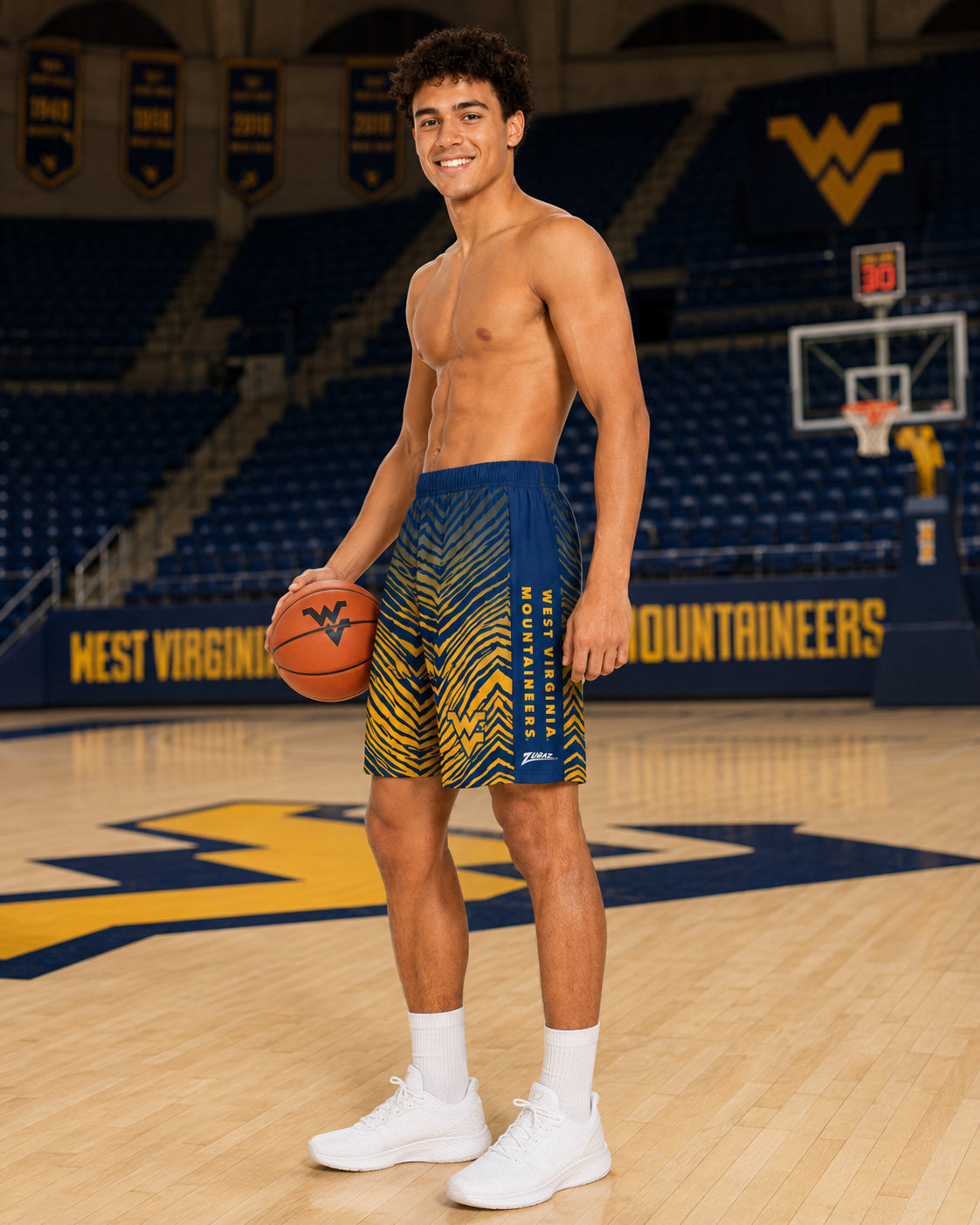 Zubaz NCAA West Virginia Mountaineers Men's 7-Inch Fade Primary Stacked Text Shorts