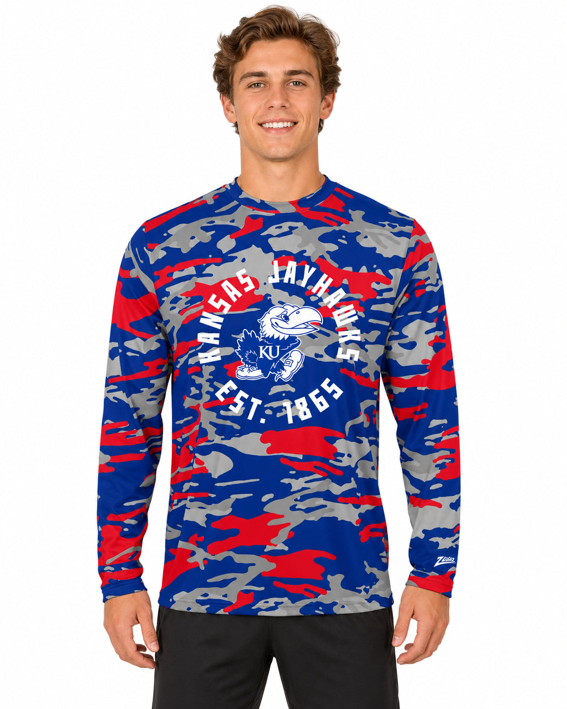 Zubaz NCAA Men's Alternate Camo Established Long Sleeve T-Shirt, Kansas Jayhawks