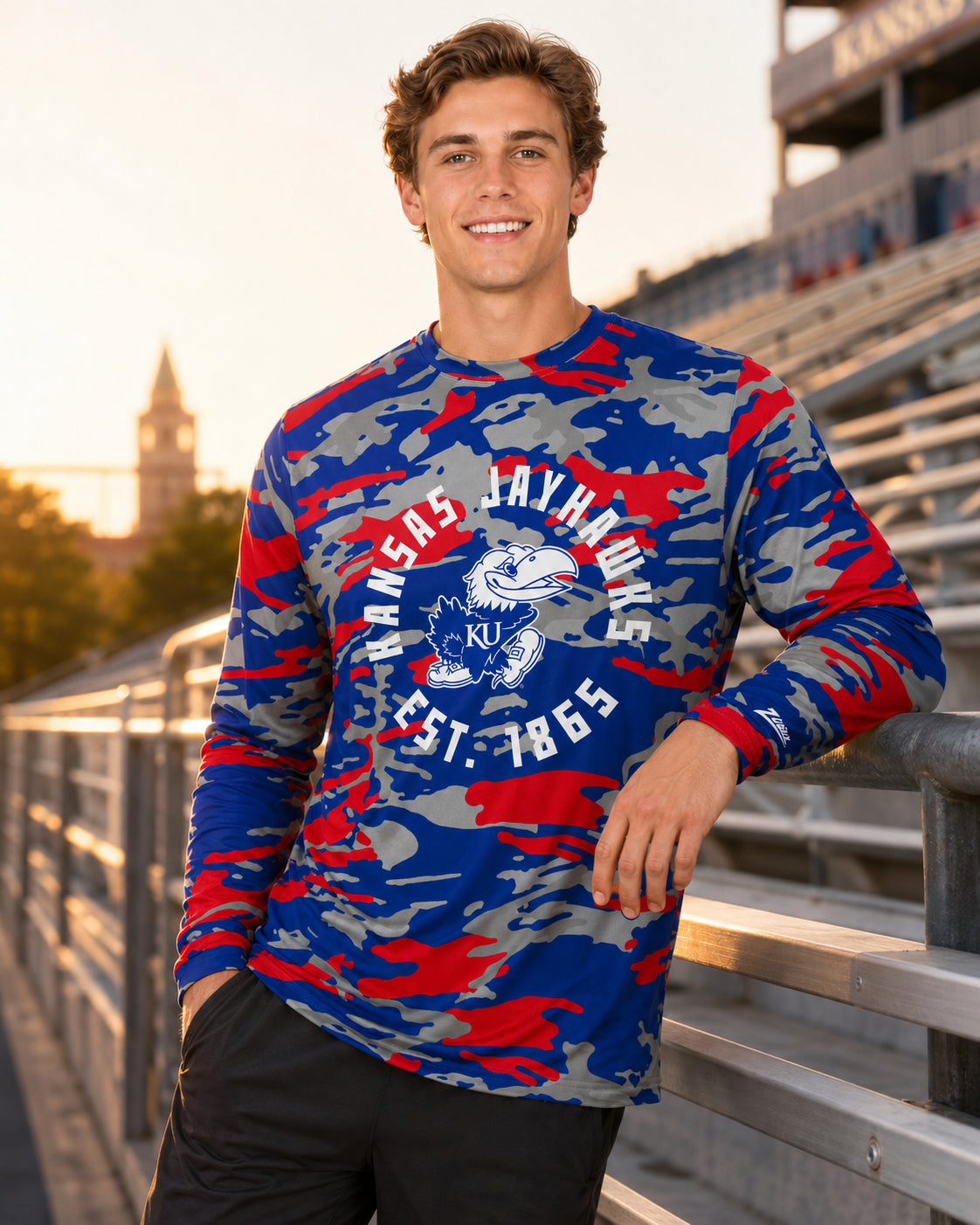 Zubaz NCAA Kansas Jayhawks Men's Alternate Camo Established Long-Sleeve T-Shirt