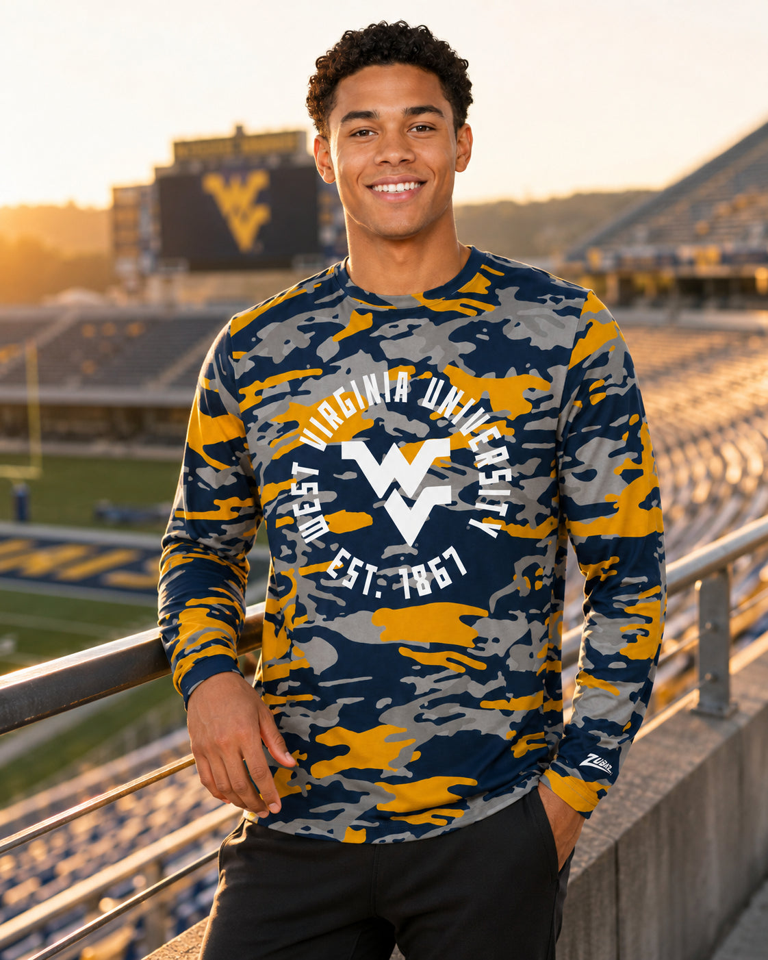 Zubaz NCAA West Virginia Mountaineers Men's Alternate Camo Established Long-Sleeve T-Shirt