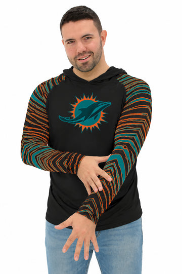 Zubaz NFL Men's Rivalry 3 Color Zebra Sleeves Lightweight Hoodie, Miami Dolphins