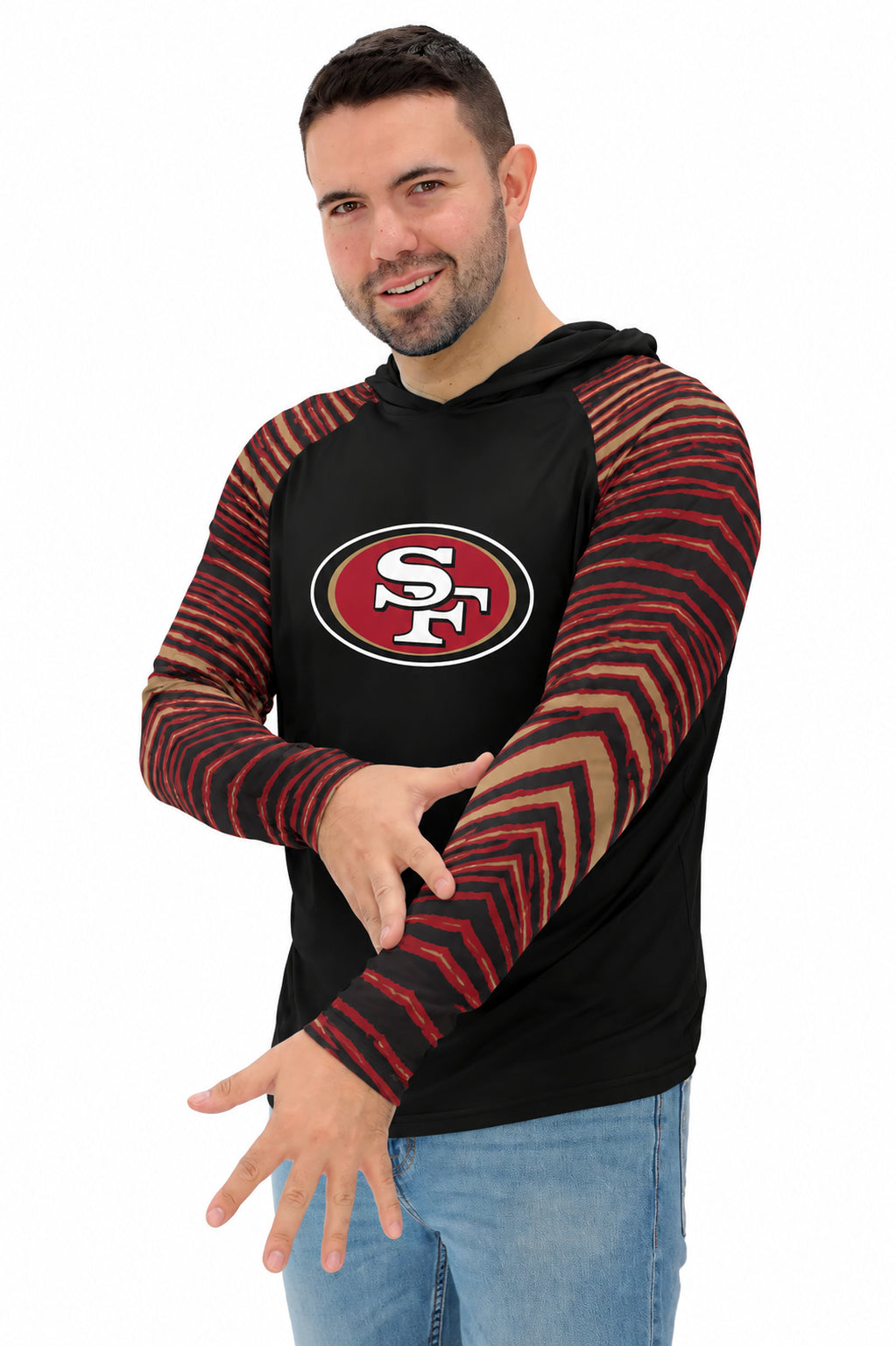 Zubaz NFL Men's Rivalry 3 Color Zebra Sleeves Lightweight Hoodie, San Francisco 49ers