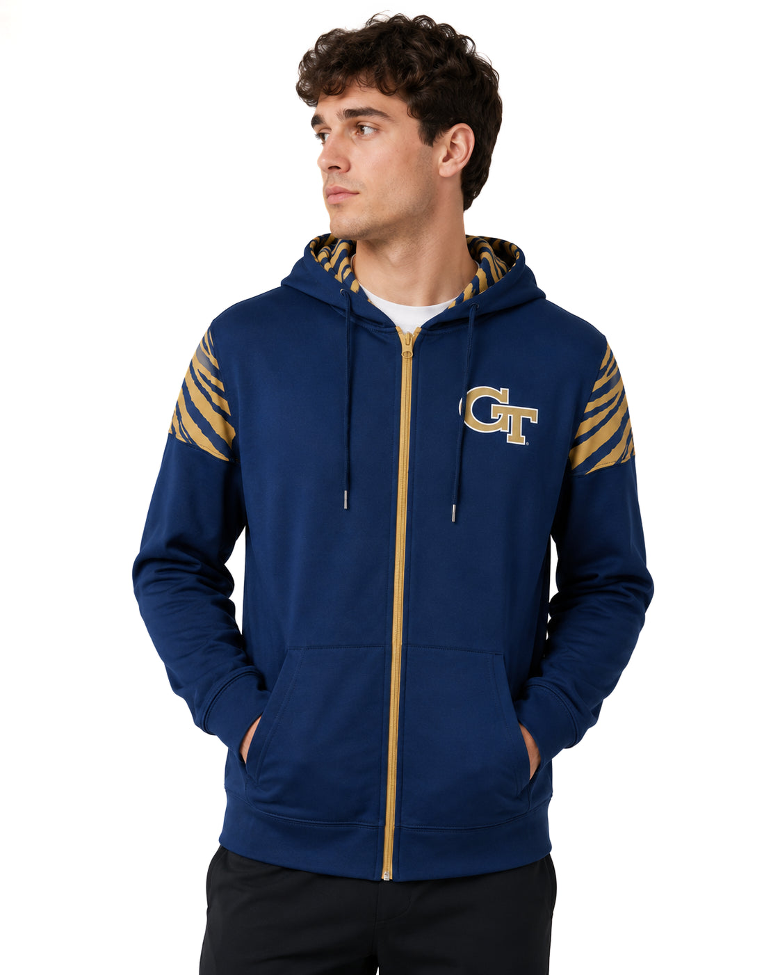 Zubaz NCAA Georgia Tech Yellow Jackets Men's 2 Color Zebra Bands and Hood-Liner Full-Zip Hoodie