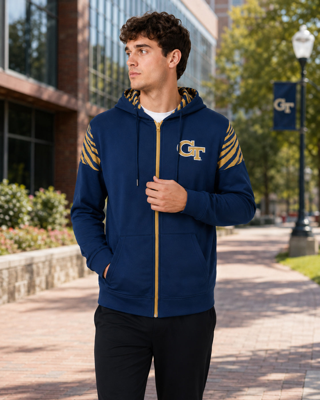 Zubaz NCAA Georgia Tech Yellow Jackets Men's 2 Color Zebra Bands and Hood-Liner Full-Zip Hoodie