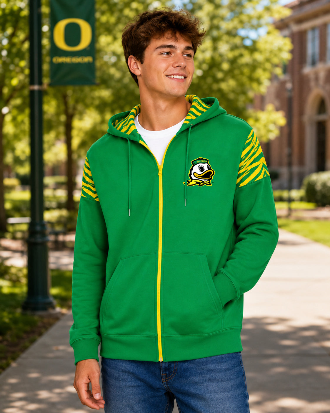 Zubaz NCAA Oregon Ducks Men's 2 Color Zebra Bands and Hood-Liner Full-Zip Hoodie