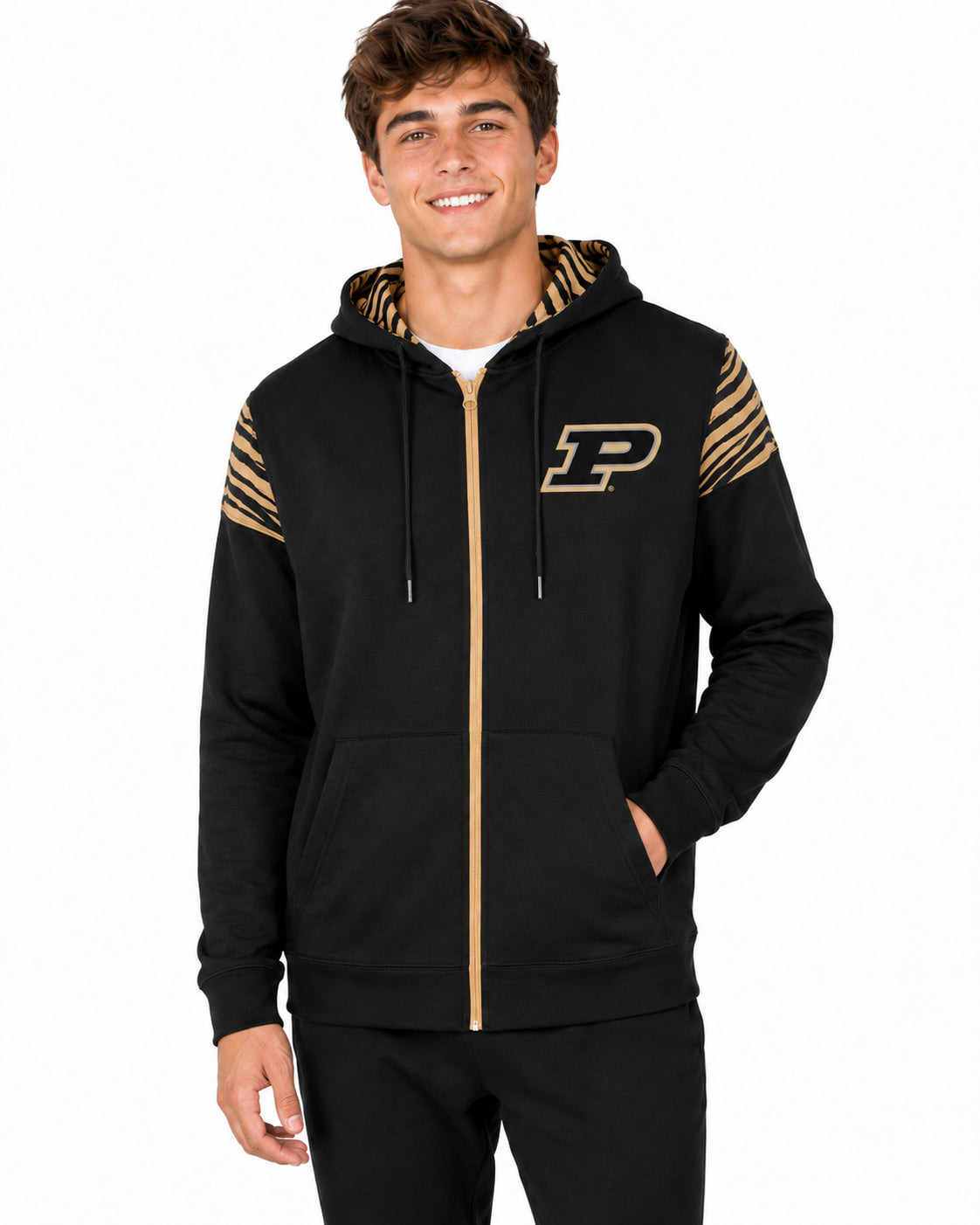 Zubaz NCAA Purdue Boilermakers Men's 2 Color Zebra Bands and Hood-Liner Full-Zip Hoodie