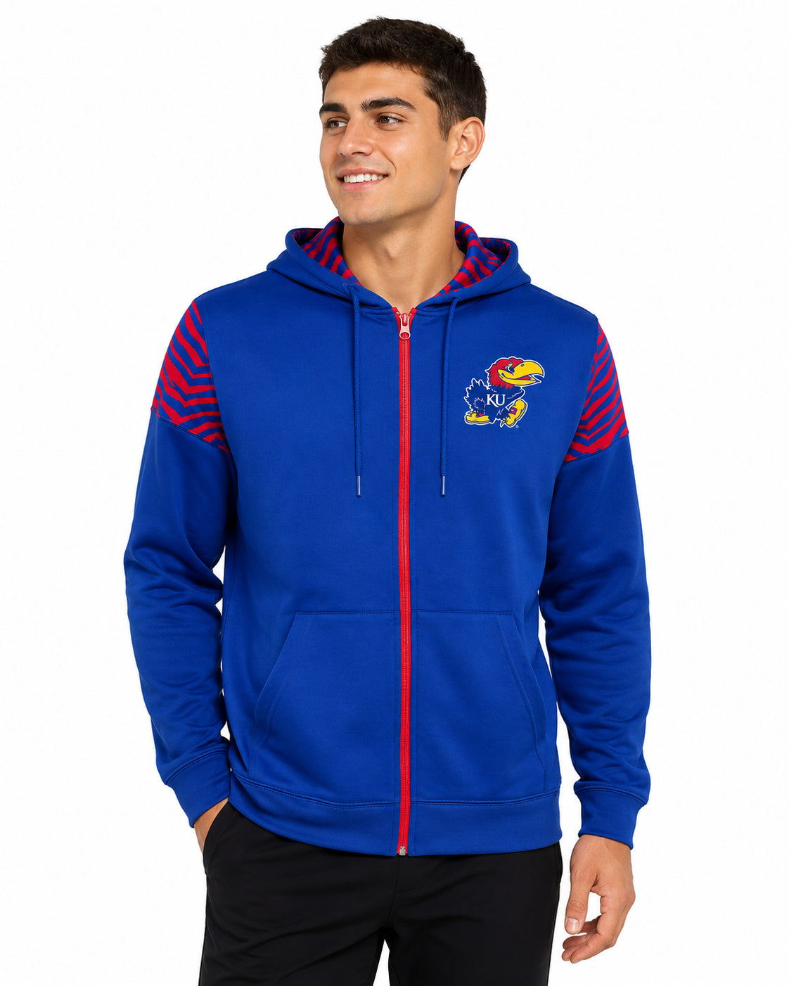 Zubaz NCAA Kansas Jayhawks Men's 2 Color Zebra Bands and Hood-Liner Full-Zip Hoodie