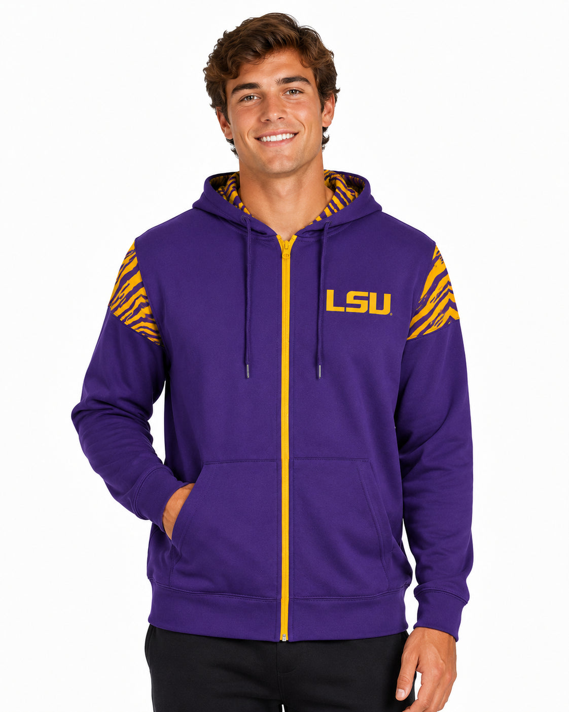 Zubaz NCAA LSU Tigers Men's 2 Color Zebra Bands and Hood-Liner Full-Zip Hoodie