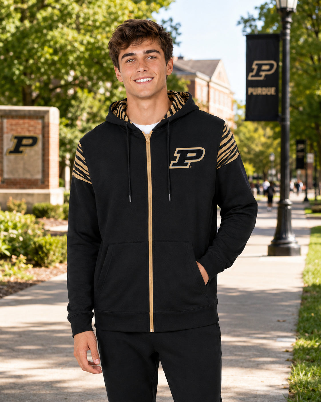 Zubaz NCAA Purdue Boilermakers Men's 2 Color Zebra Bands and Hood-Liner Full-Zip Hoodie