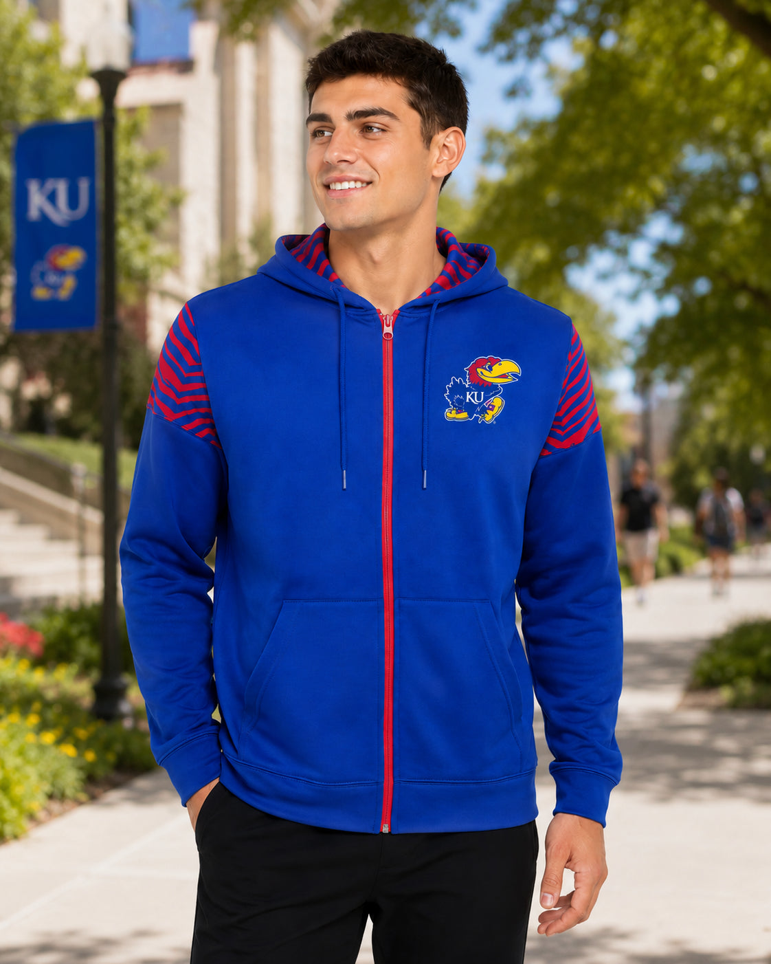 Zubaz NCAA Kansas Jayhawks Men's 2 Color Zebra Bands and Hood-Liner Full-Zip Hoodie