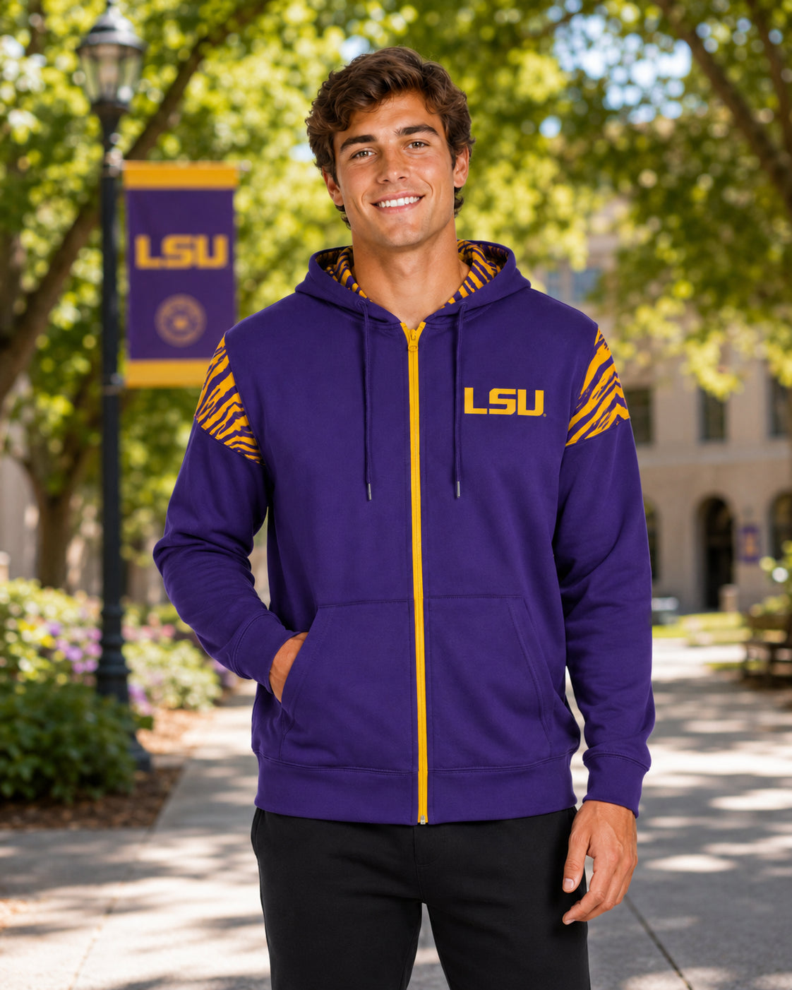 Zubaz NCAA LSU Tigers Men's 2 Color Zebra Bands and Hood-Liner Full-Zip Hoodie