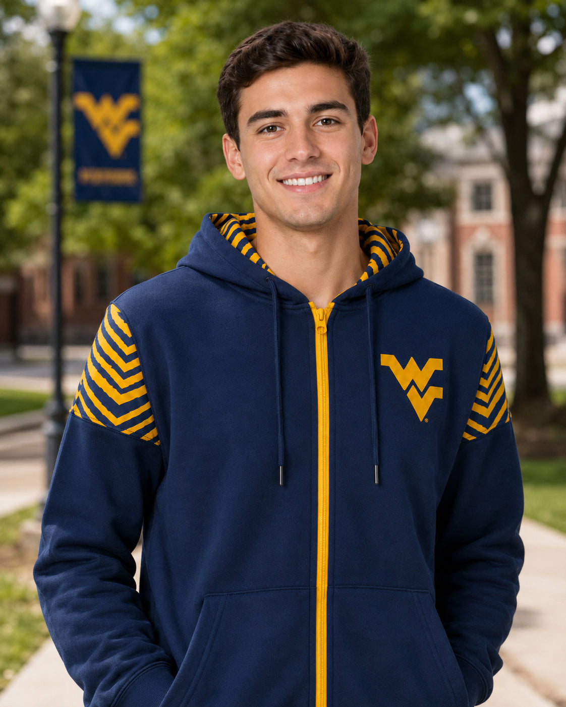 Zubaz NCAA West Virginia Mountaineers Men's 2 Color Zebra Bands and Hood-Liner Full-Zip Hoodie