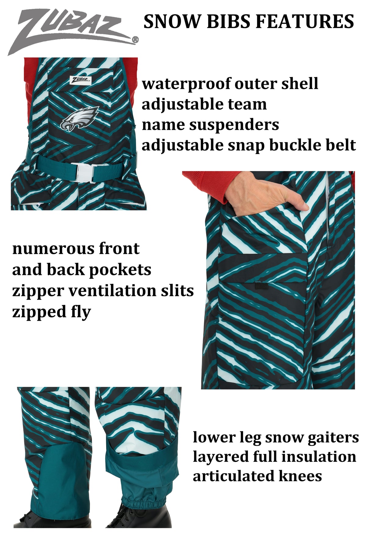 Zubaz NFL Adult Unisex Zebra Team Color Blizzard Snow Bib, Washington Commanders