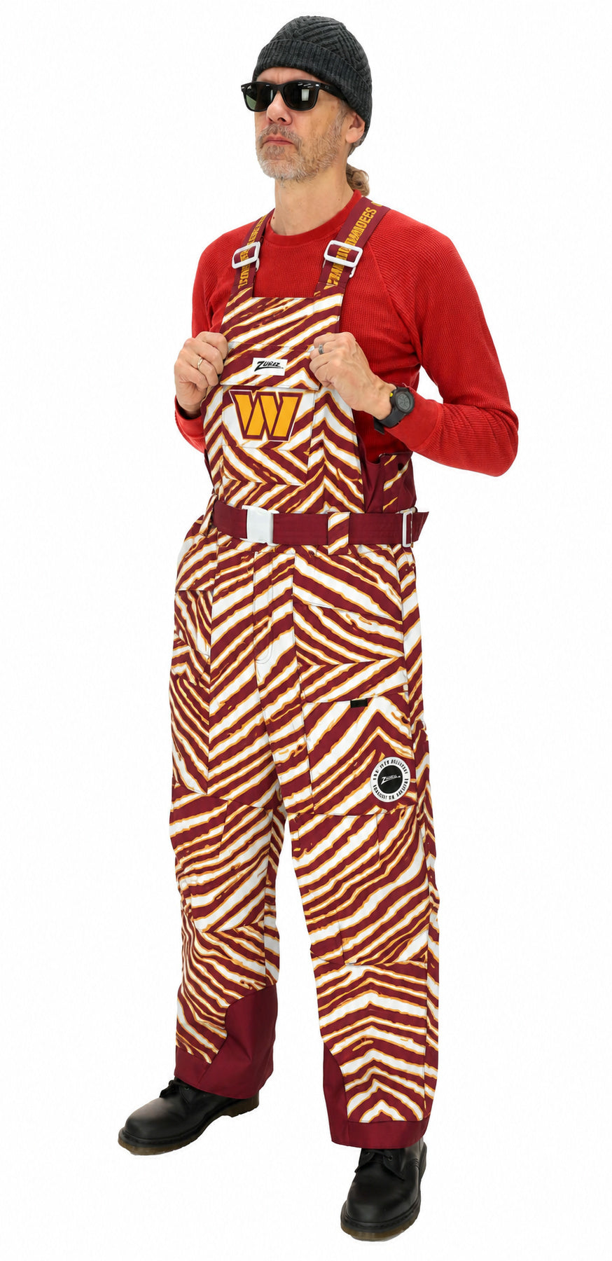 Zubaz NFL Adult Unisex Zebra Team Color Blizzard Snow Bib, Washington Commanders
