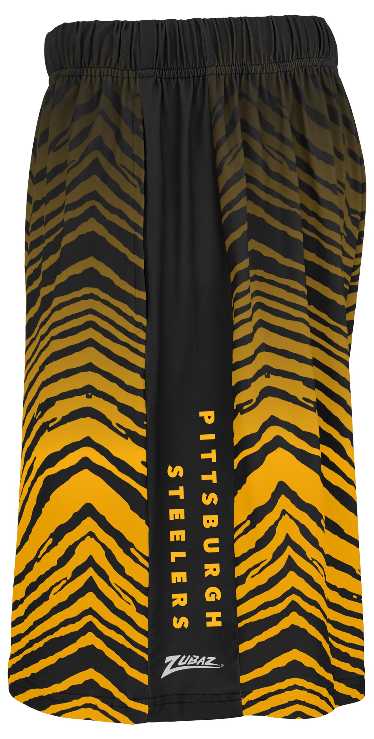Zubaz NFL Men's 7in Fade Primary Stacked Text Shorts, Pittsburgh Steelers