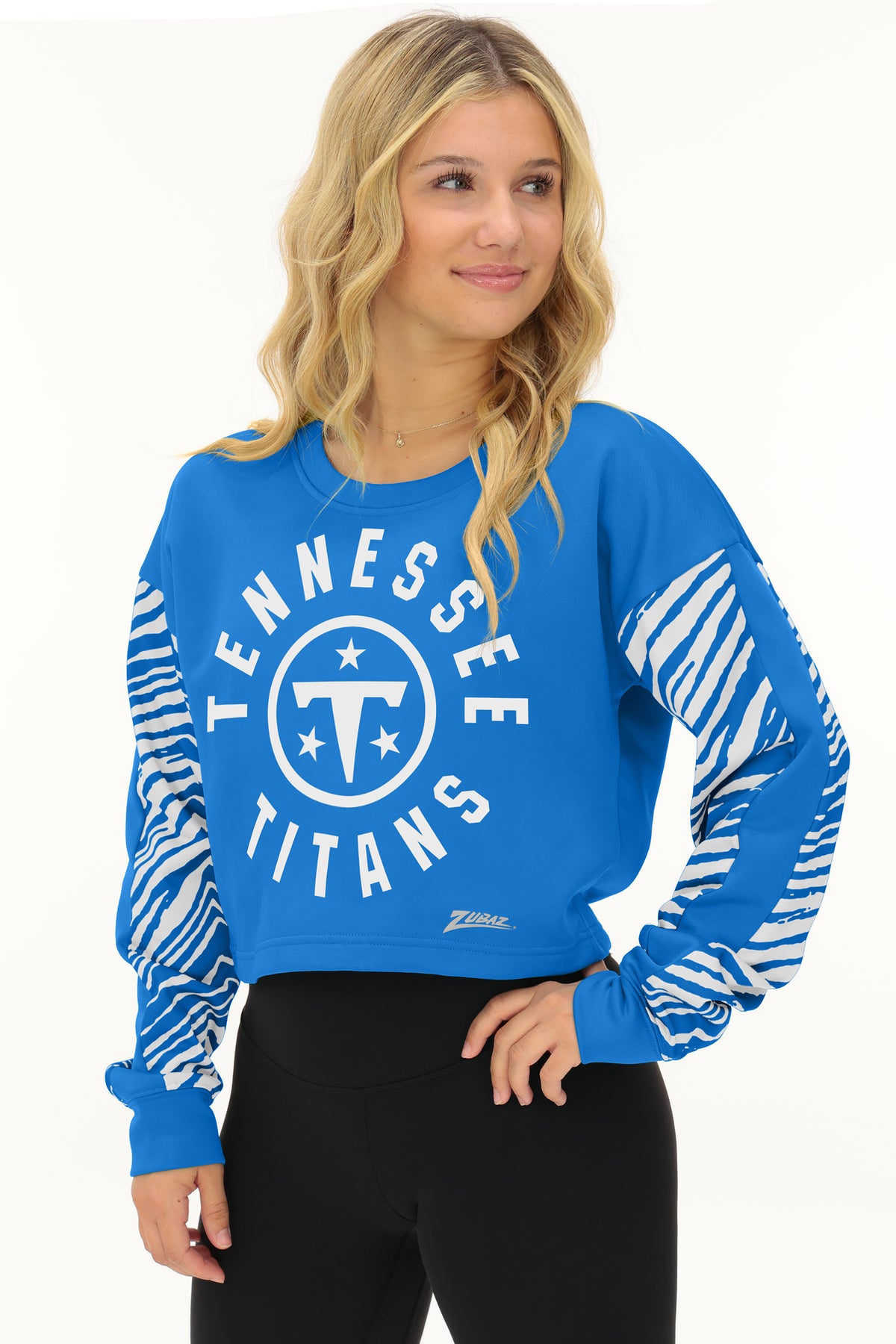 Zubaz NFL Tennessee Titans Women's 2 Color Zebra Overtime Crop Top Crewneck
