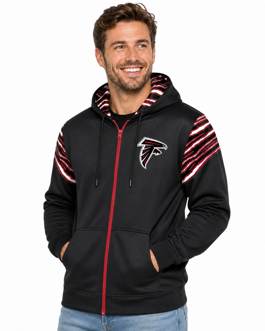 Zubaz NFL Atlanta Falcons Men's 3 Color Zebra Bands and Hood-Liner Play Action Full-Zip Hoodie