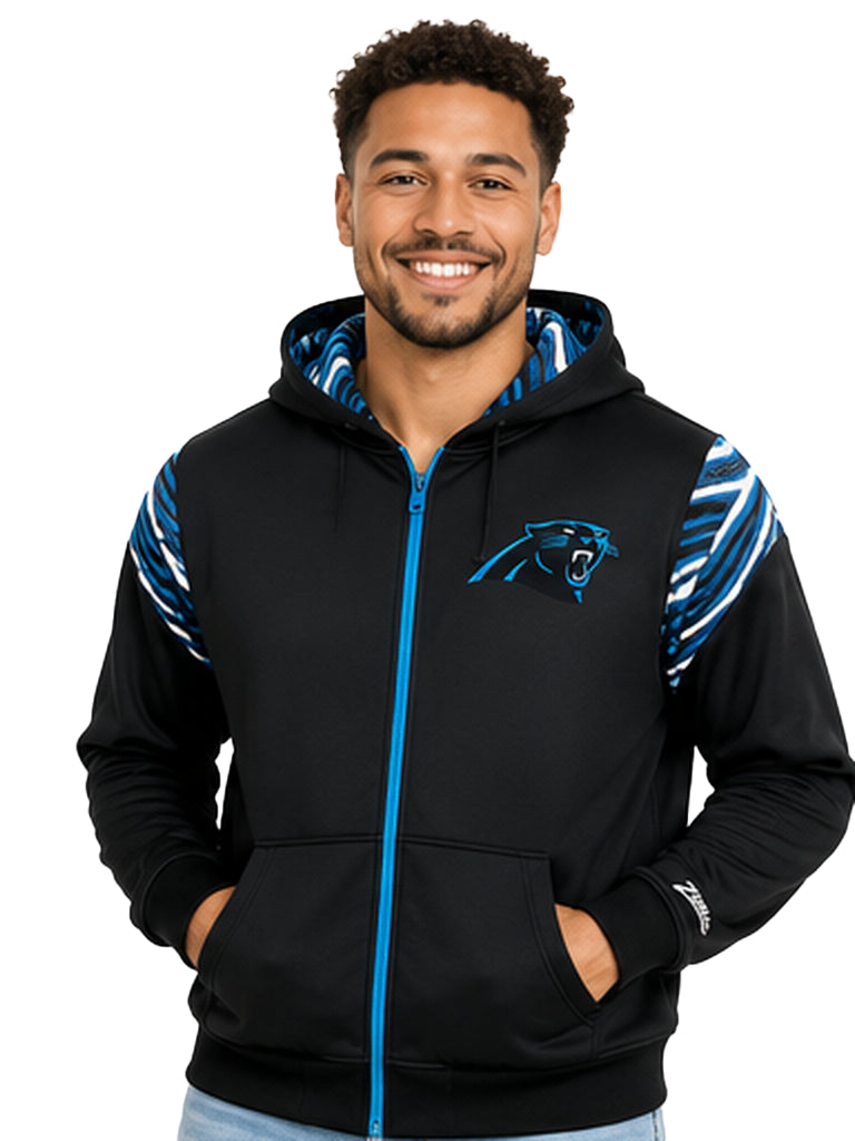 Zubaz NFL Carolina Panthers Men's 3 Color Zebra Bands and Hood-Liner Play Action Full-Zip Hoodie