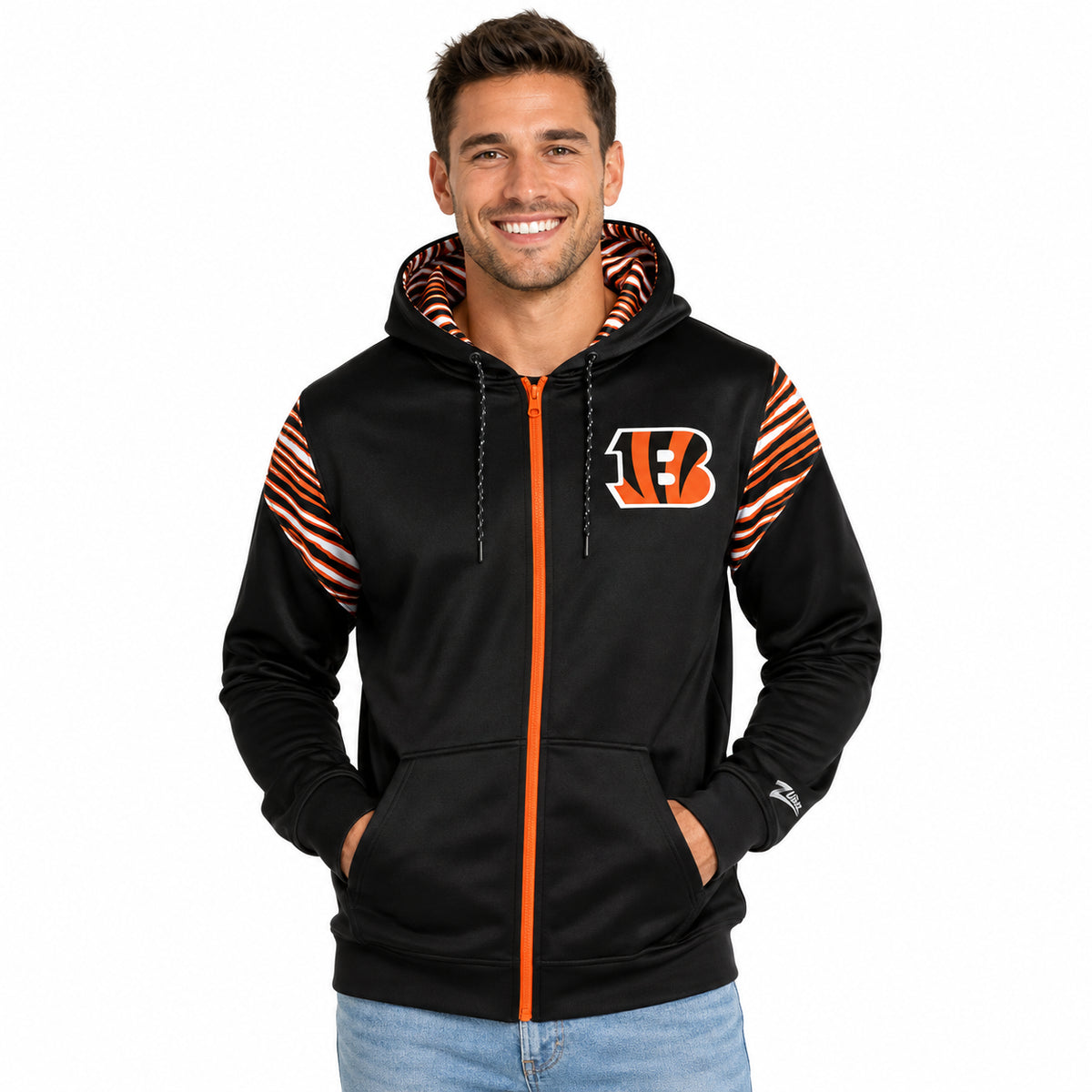 Zubaz NFL Cincinnati Bengals Men's 3 Color Zebra Bands and Hood-Liner Play Action Full-Zip Hoodie