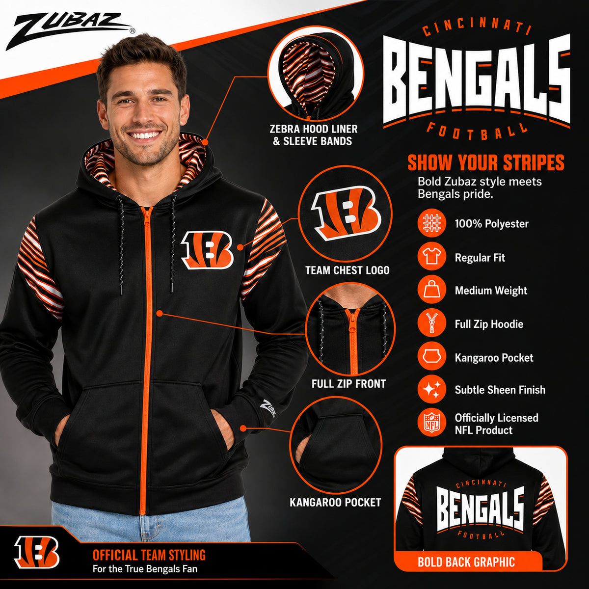 Zubaz NFL Cincinnati Bengals Men's 3 Color Zebra Bands and Hood-Liner Play Action Full-Zip Hoodie