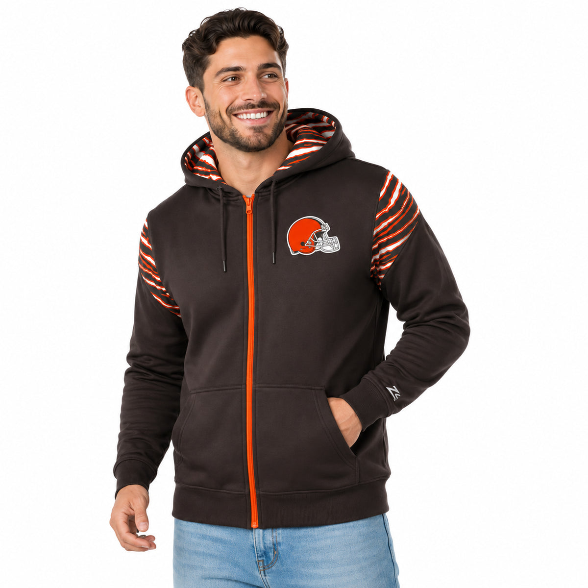 Zubaz NFL Cleveland Browns Men's 3 Color Zebra Bands and Hood-Liner Play Action Full-Zip Hoodie
