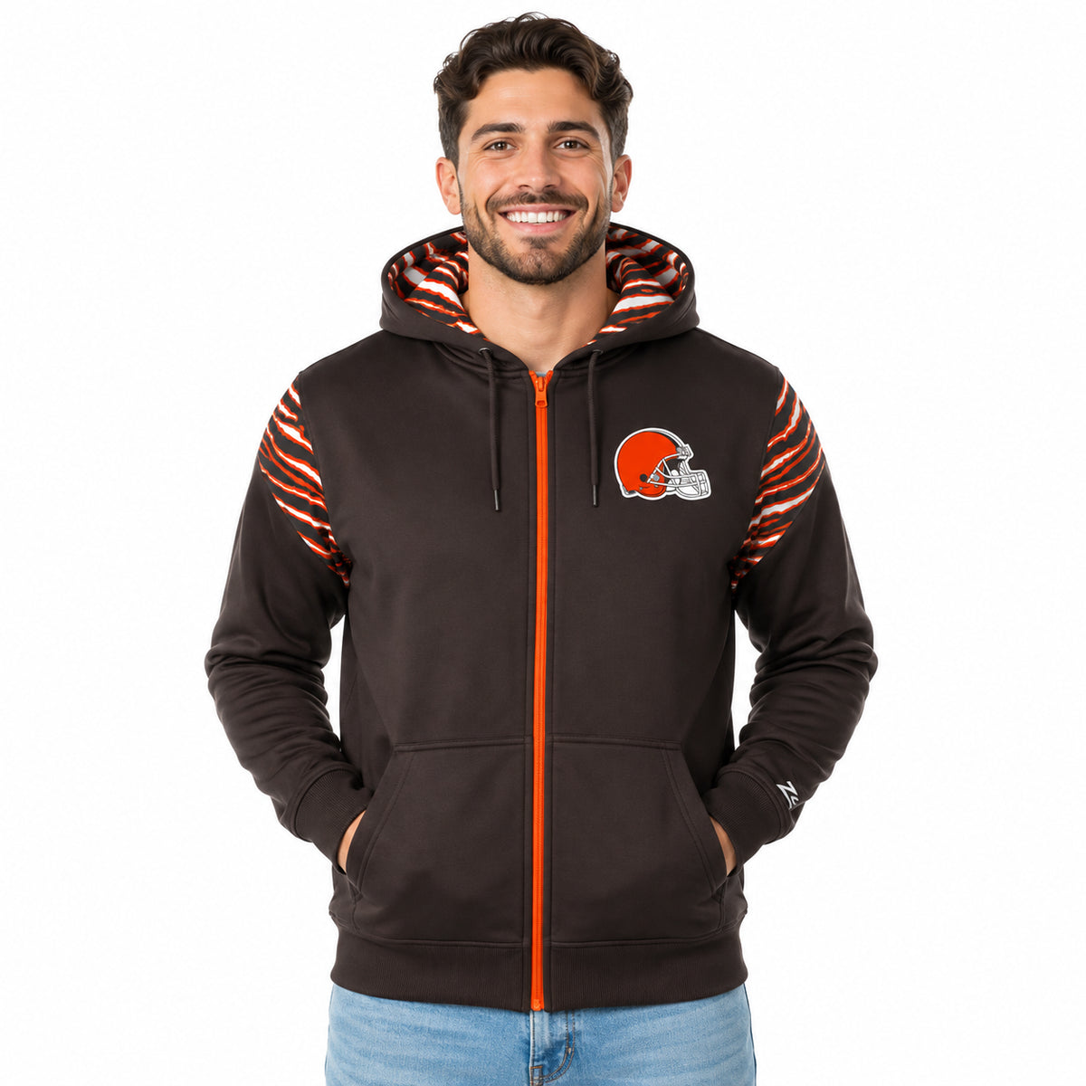 Zubaz NFL Cleveland Browns Men's 3 Color Zebra Bands and Hood-Liner Play Action Full-Zip Hoodie