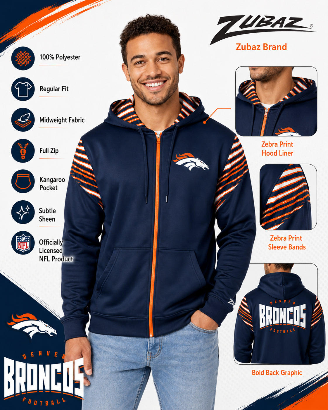 Zubaz NFL Denver Broncos Men's 3 Color Zebra Bands and Hood-Liner Play Action Full-Zip Hoodie
