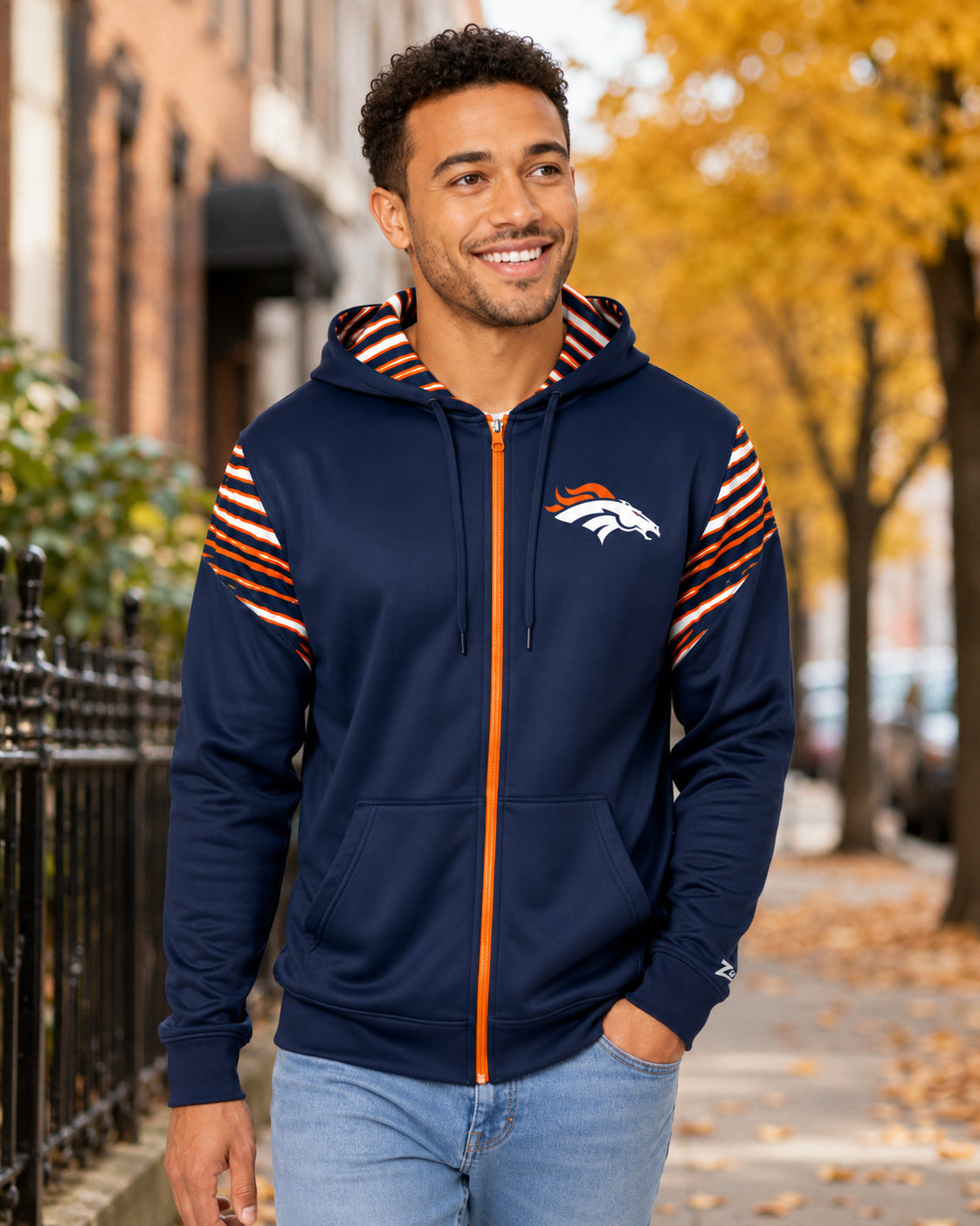 Zubaz NFL Denver Broncos Men's 3 Color Zebra Bands and Hood-Liner Play Action Full-Zip Hoodie