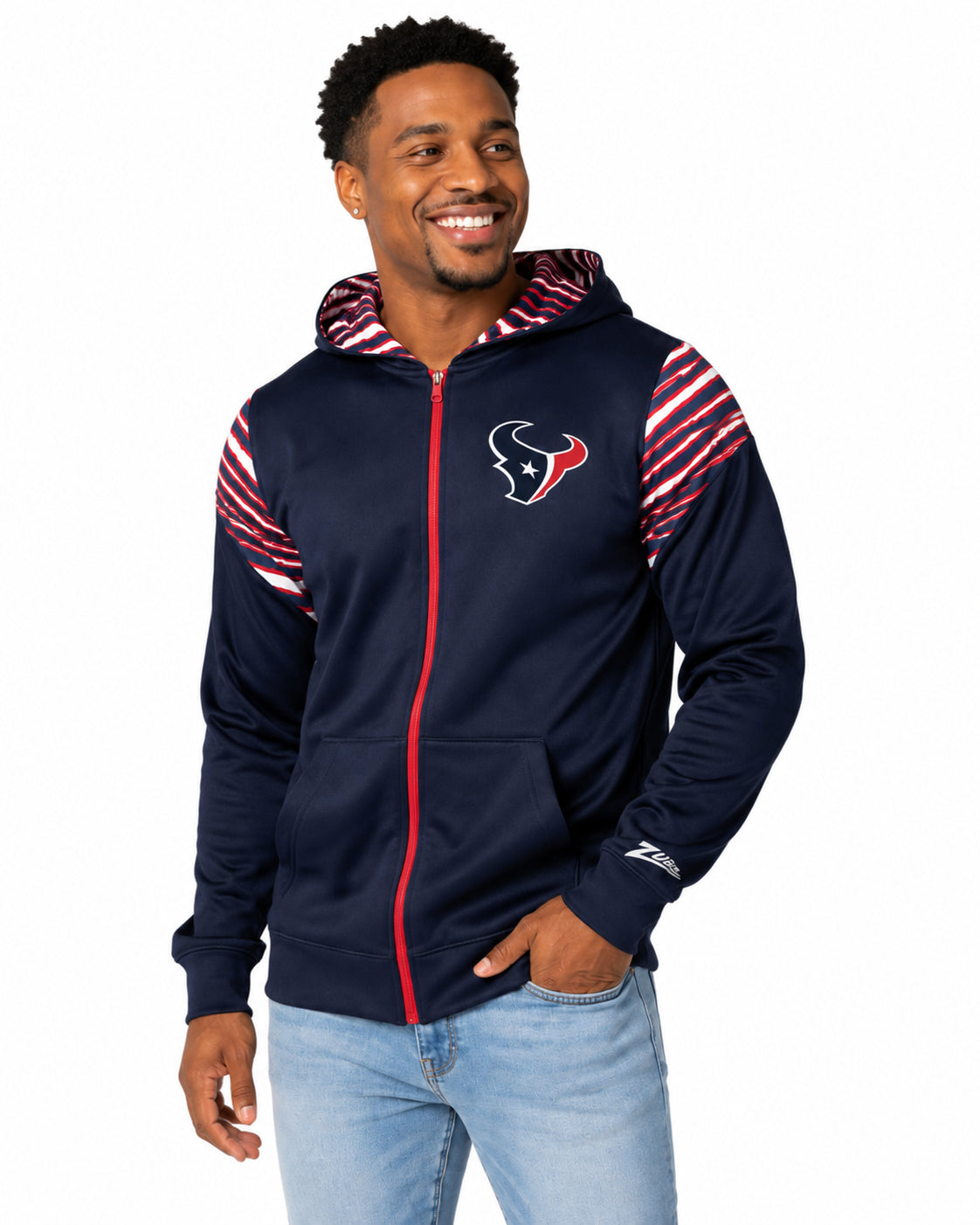 Zubaz NFL Houston Texans Men's 3 Color Zebra Bands and Hood-Liner Play Action Full-Zip Hoodie