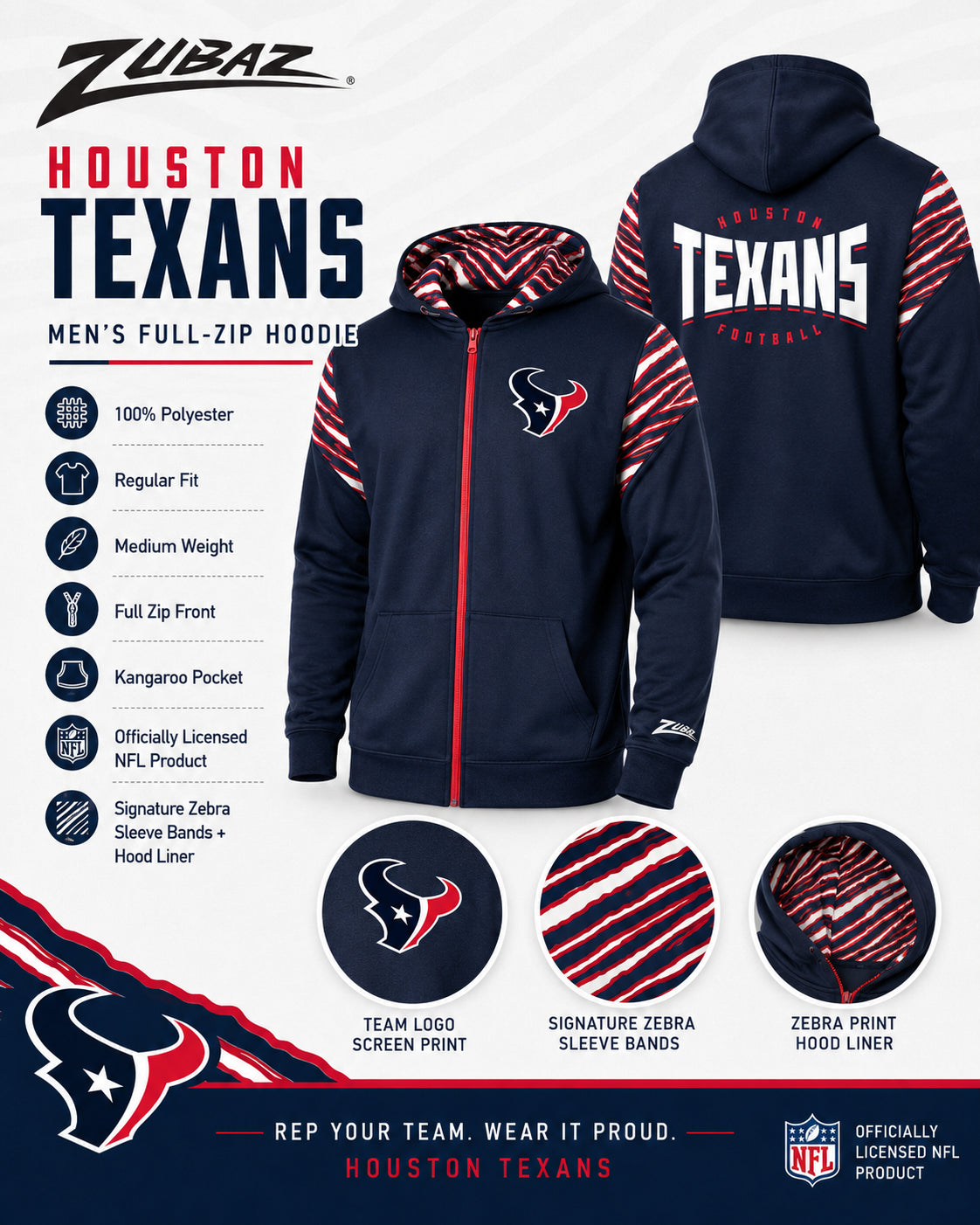 Zubaz NFL Houston Texans Men's 3 Color Zebra Bands and Hood-Liner Play Action Full-Zip Hoodie