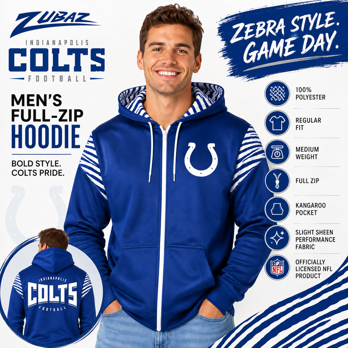 Zubaz NFL Indianapolis Colts Men's 3 Color Zebra Bands and Hood-Liner Play Action Full-Zip Hoodie